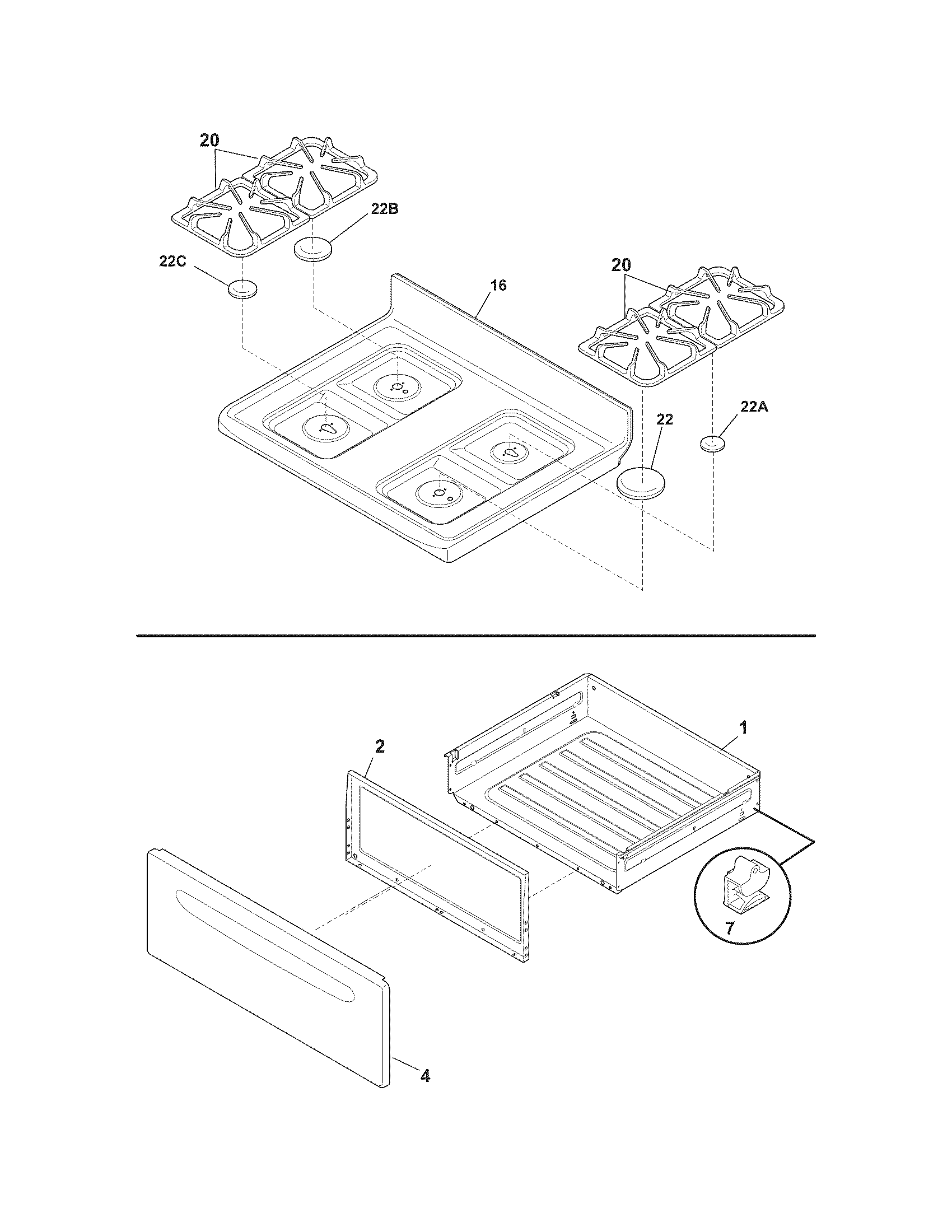 Crosley CRG3480LWF top/drawer diagram