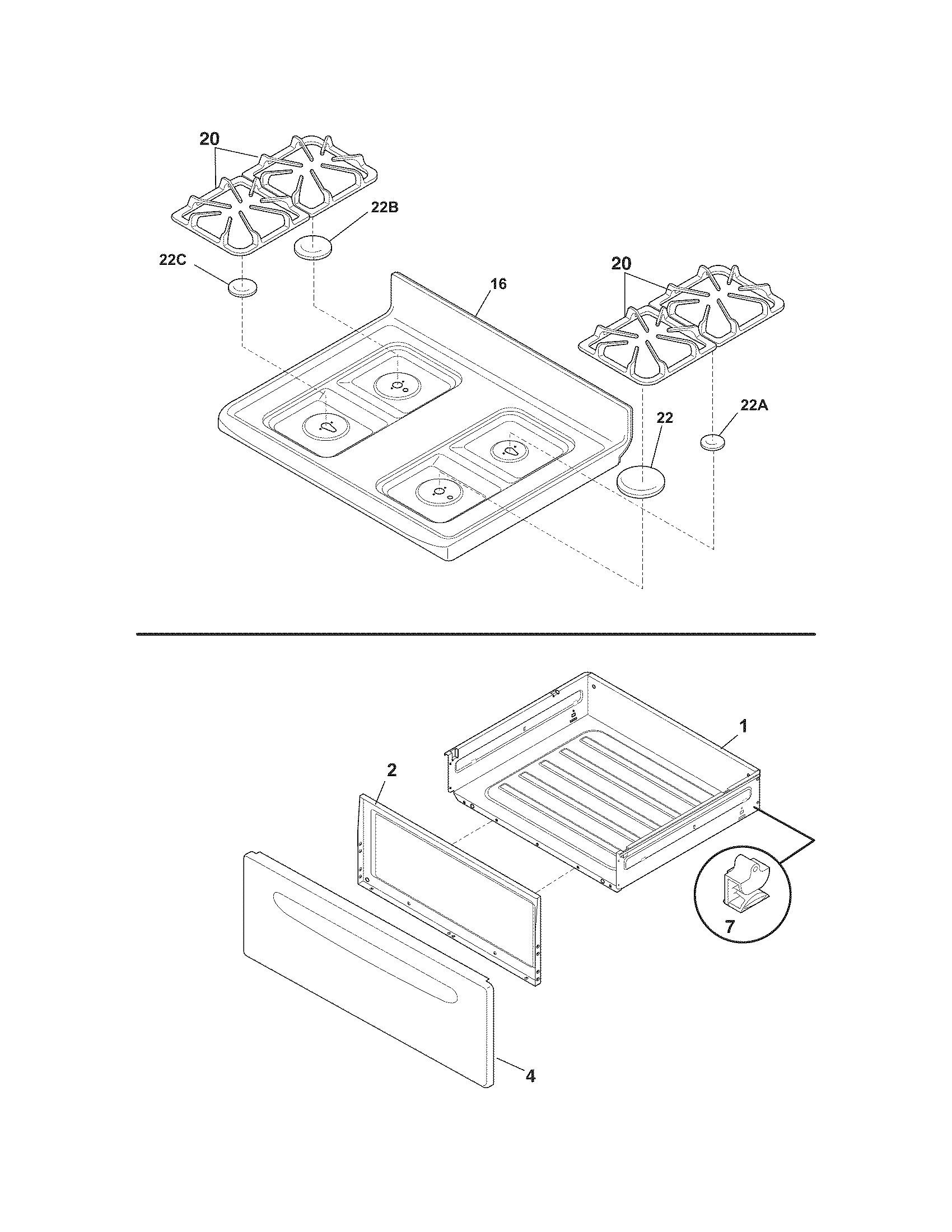 Crosley CRG3480MBB top/drawer diagram