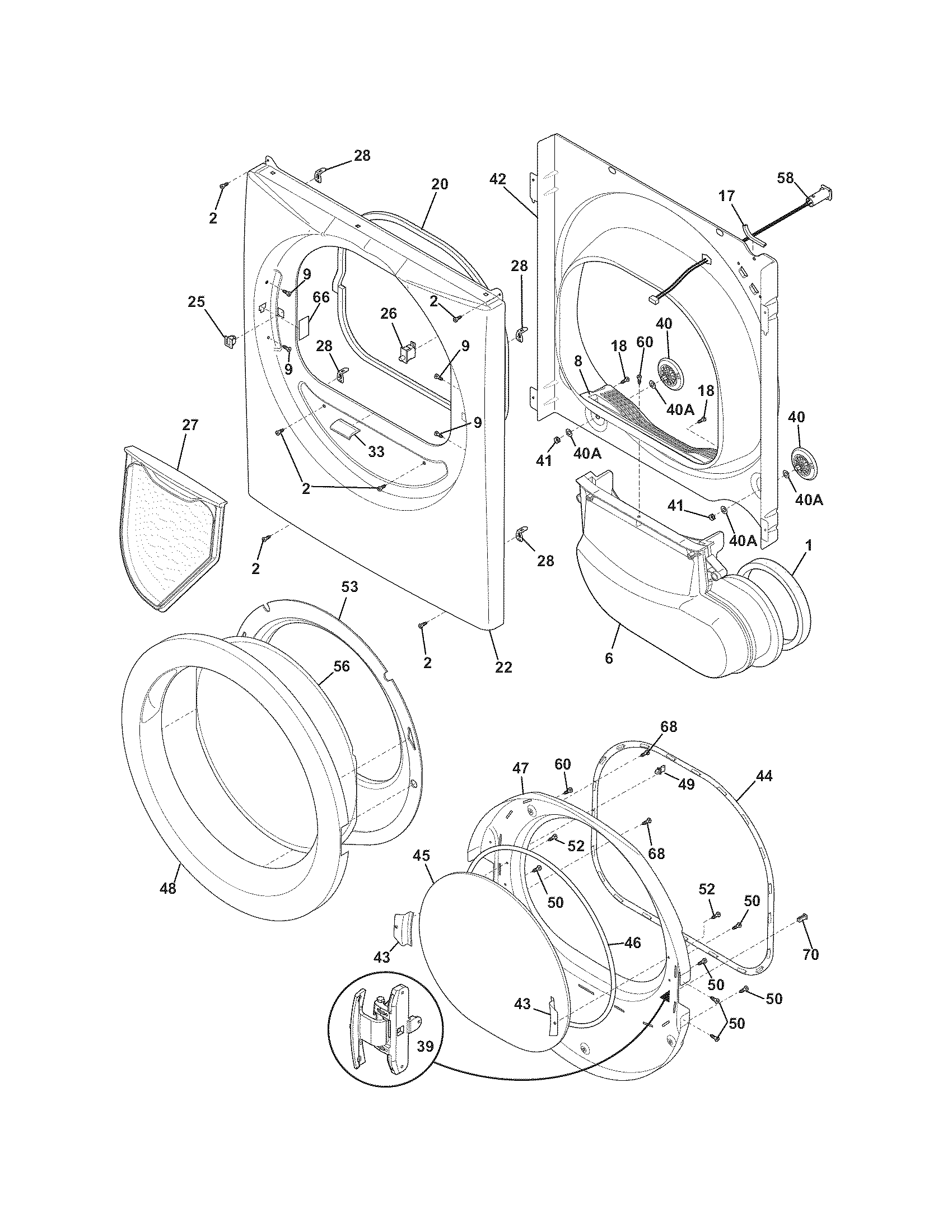Frigidaire FASG7074NA2 front panel/lint filter diagram