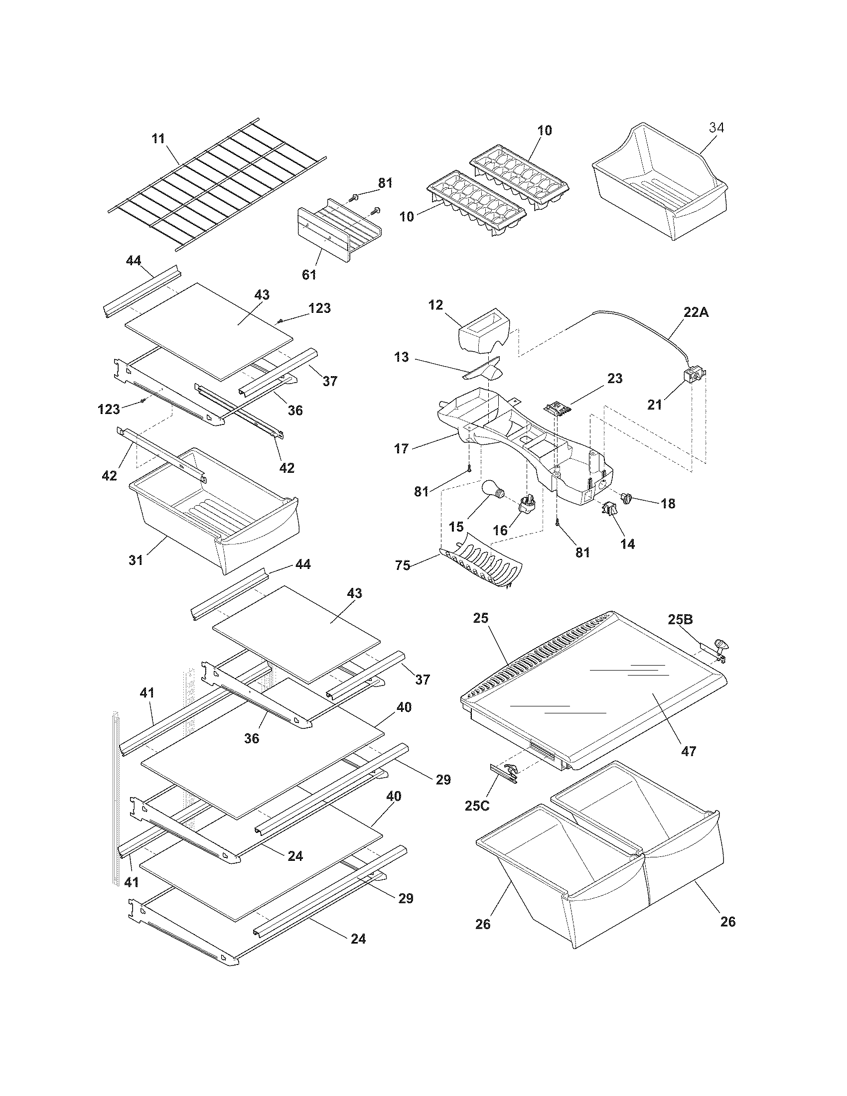 Universal/Multiflex (Frigidaire) MRTN23V6MW4 shelves diagram