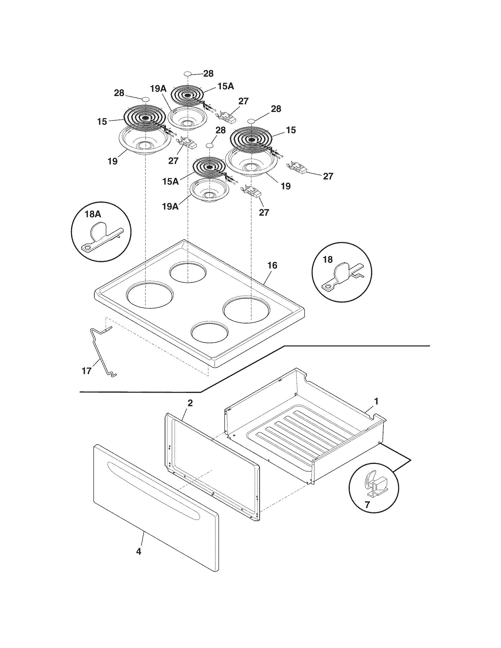 Frigidaire FEF312BSH top/drawer diagram