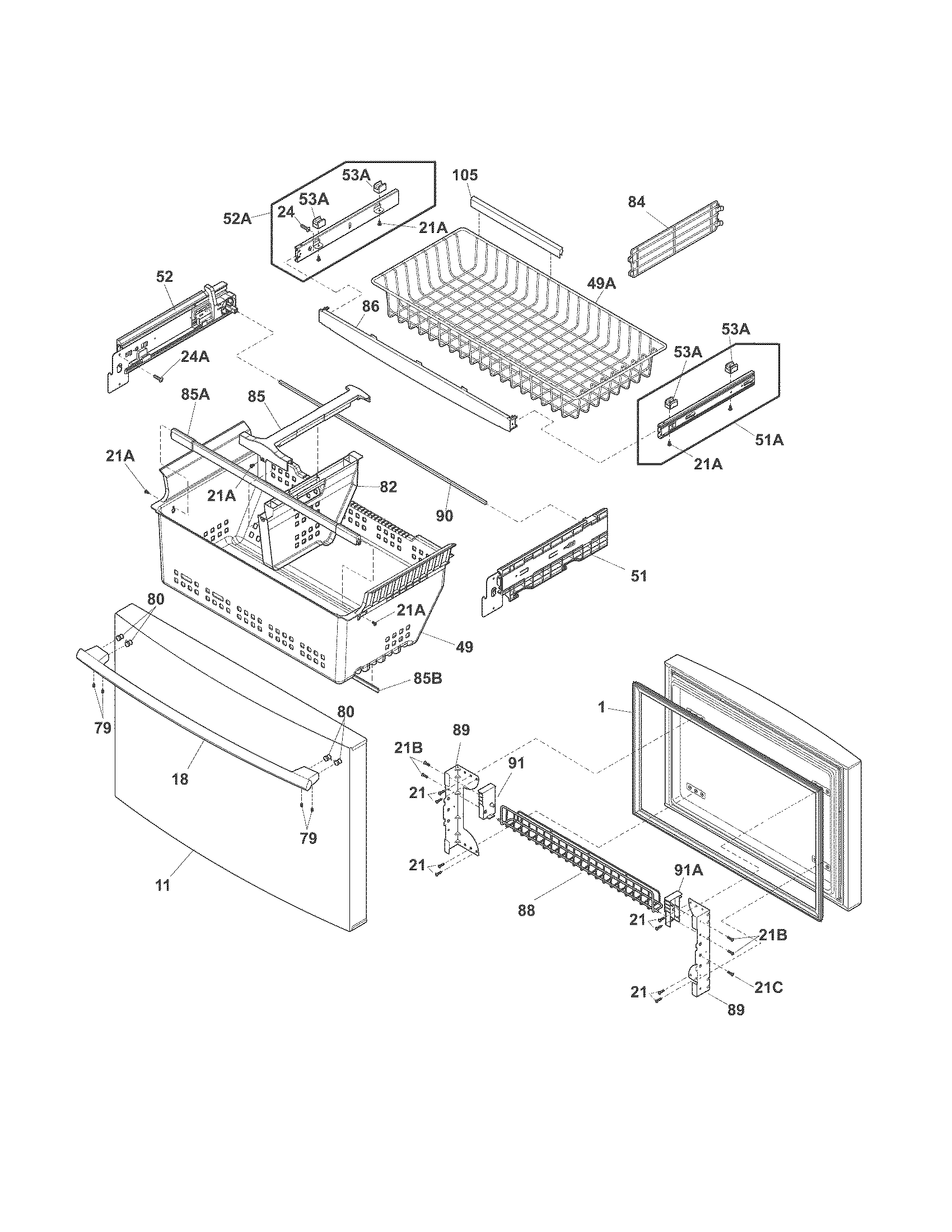 Frigidaire FPHG2399PF0 freezer drawer, baskets diagram