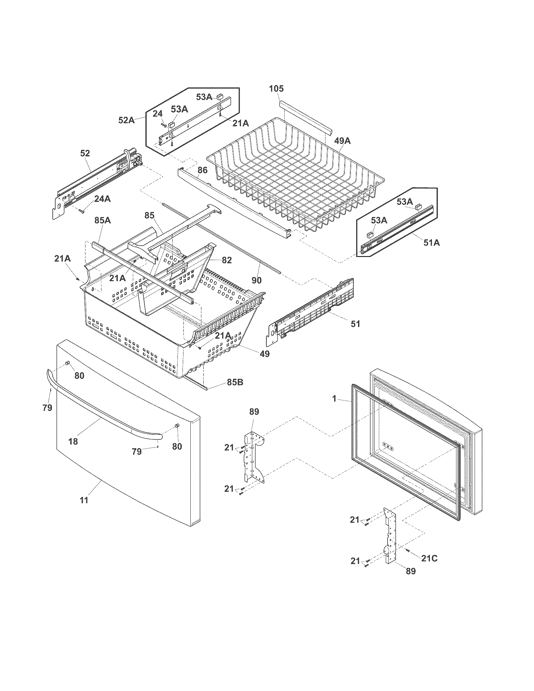 Frigidaire FFHB2740PE0 freezer drawer, baskets diagram
