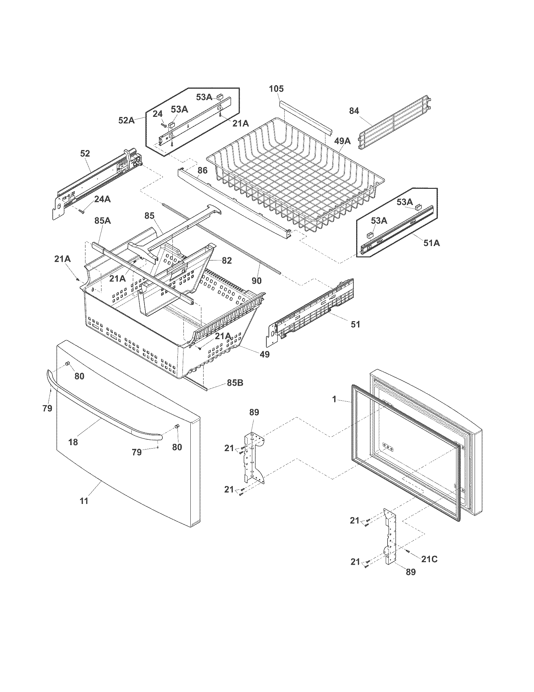 Frigidaire LFHN2741PP0 freezer drawer, baskets diagram