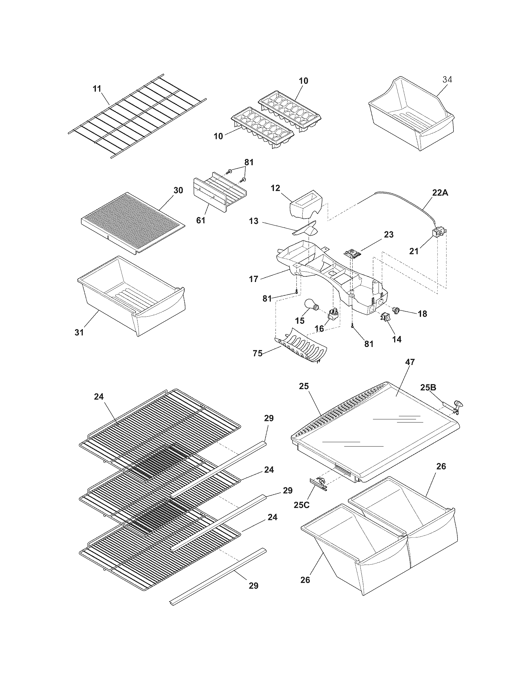 Universal/Multiflex (Frigidaire) MRTD23V6MM1 shelves diagram
