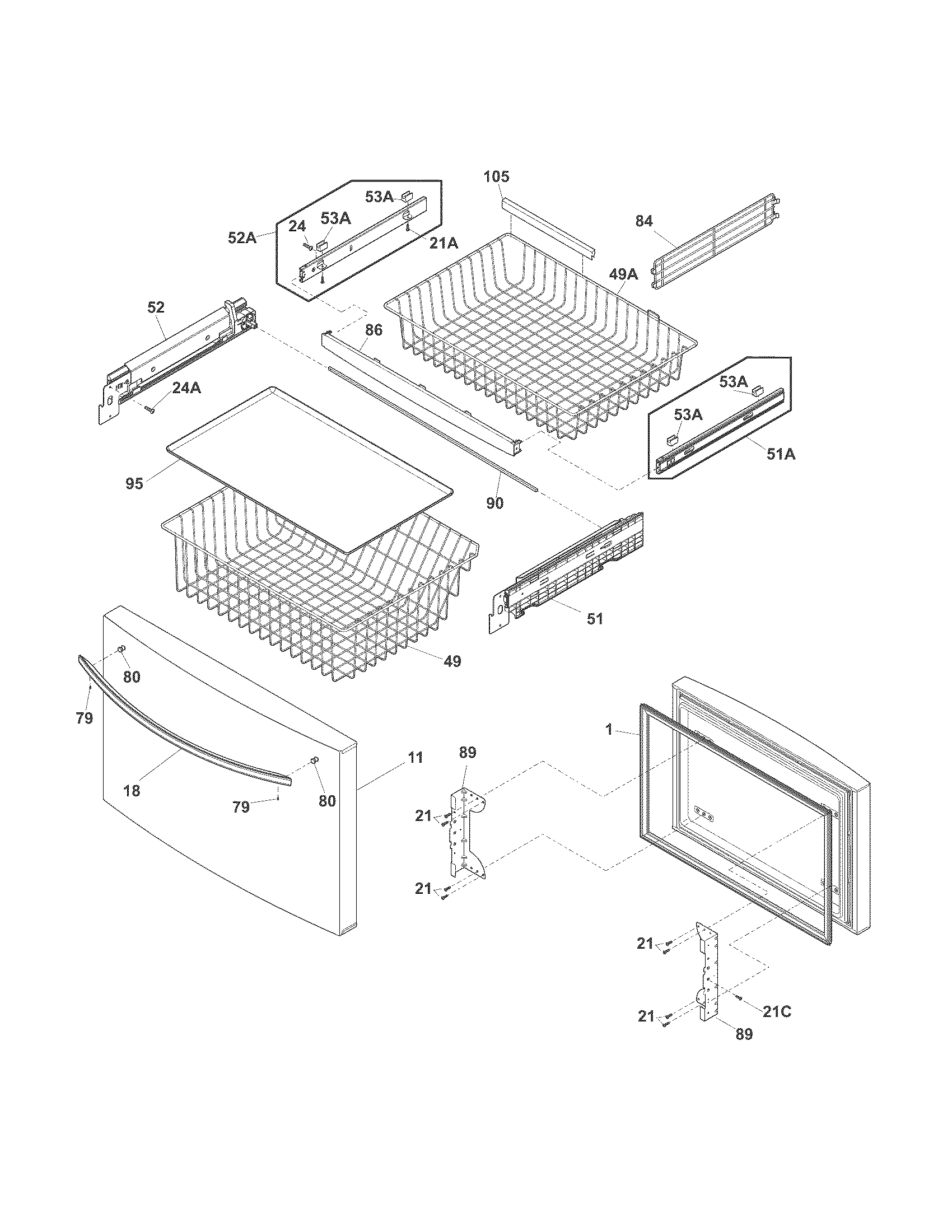 Kenmore 25370319212 freezer drawer, baskets diagram
