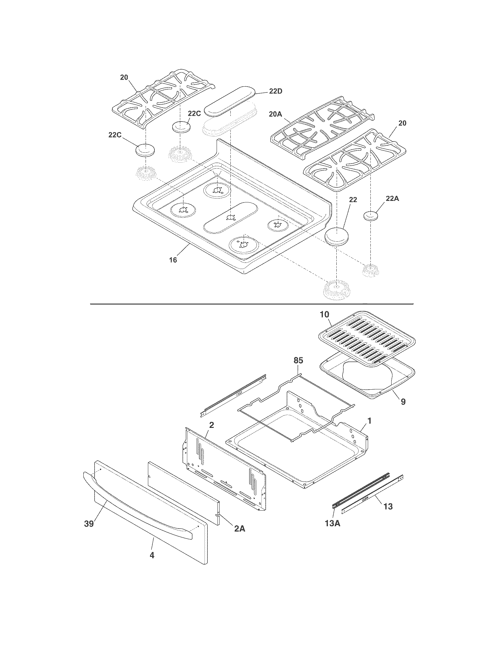 Crosley CRG3180PBA top/drawer diagram