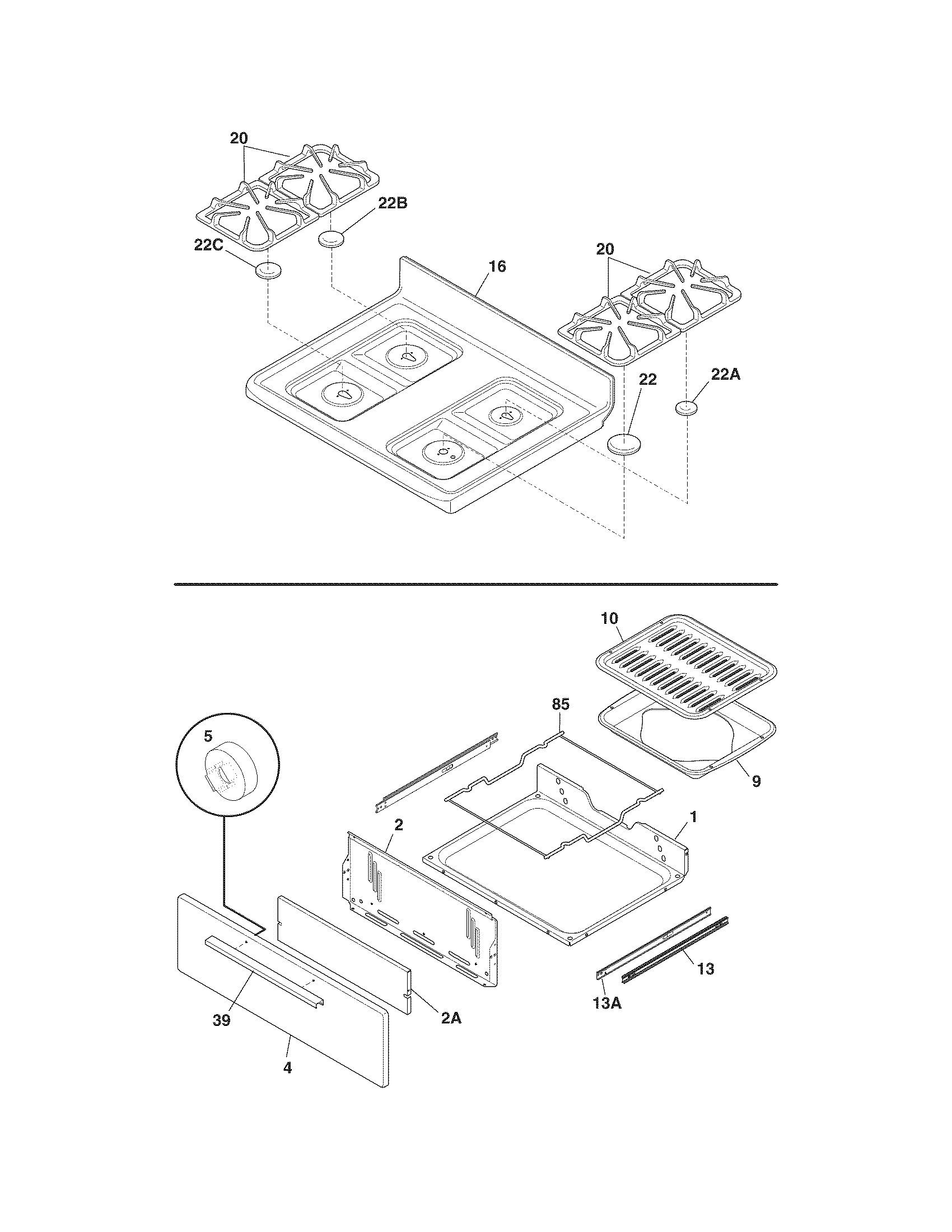 Crosley CRG3150PBA top/drawer diagram