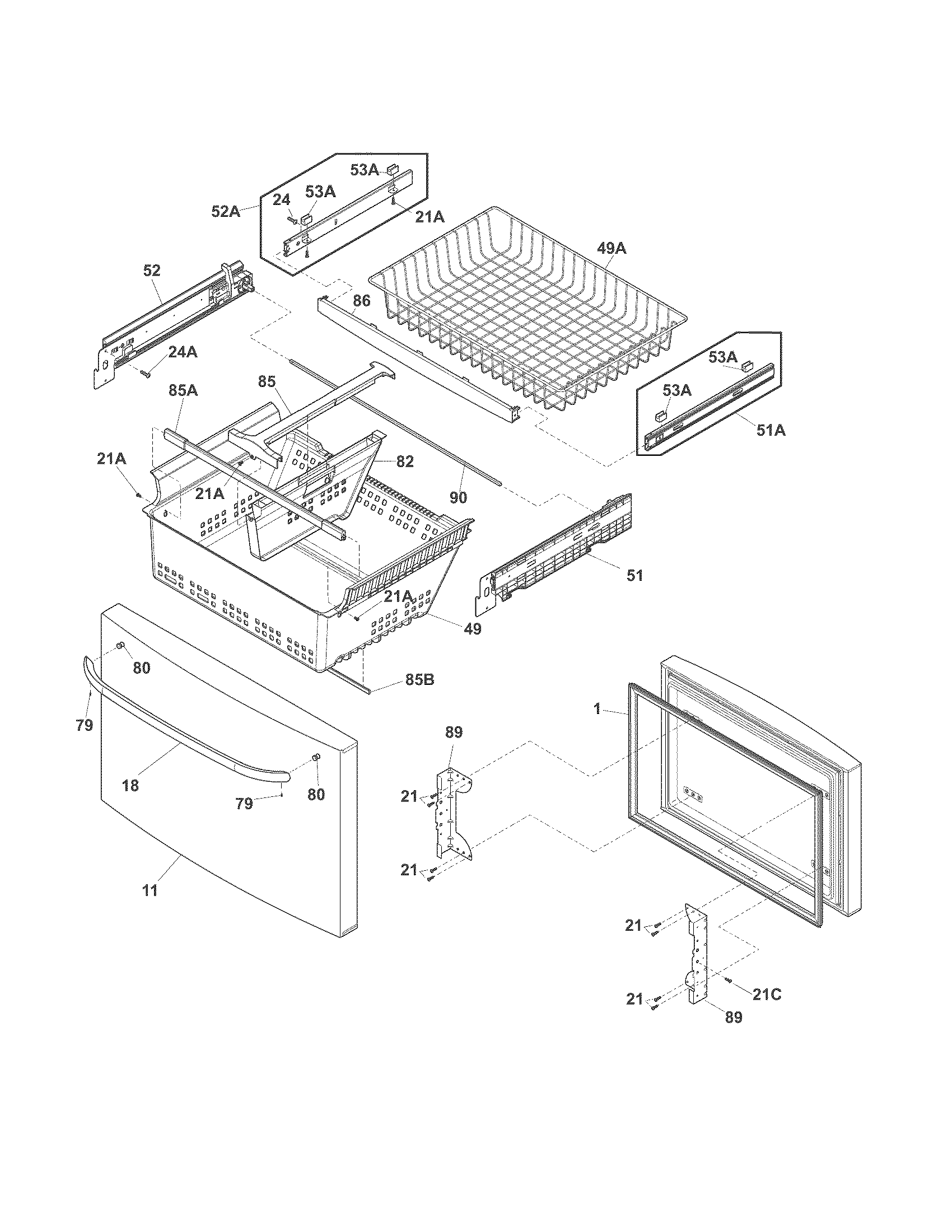 Frigidaire FFHB2740PS1 freezer drawer, baskets diagram