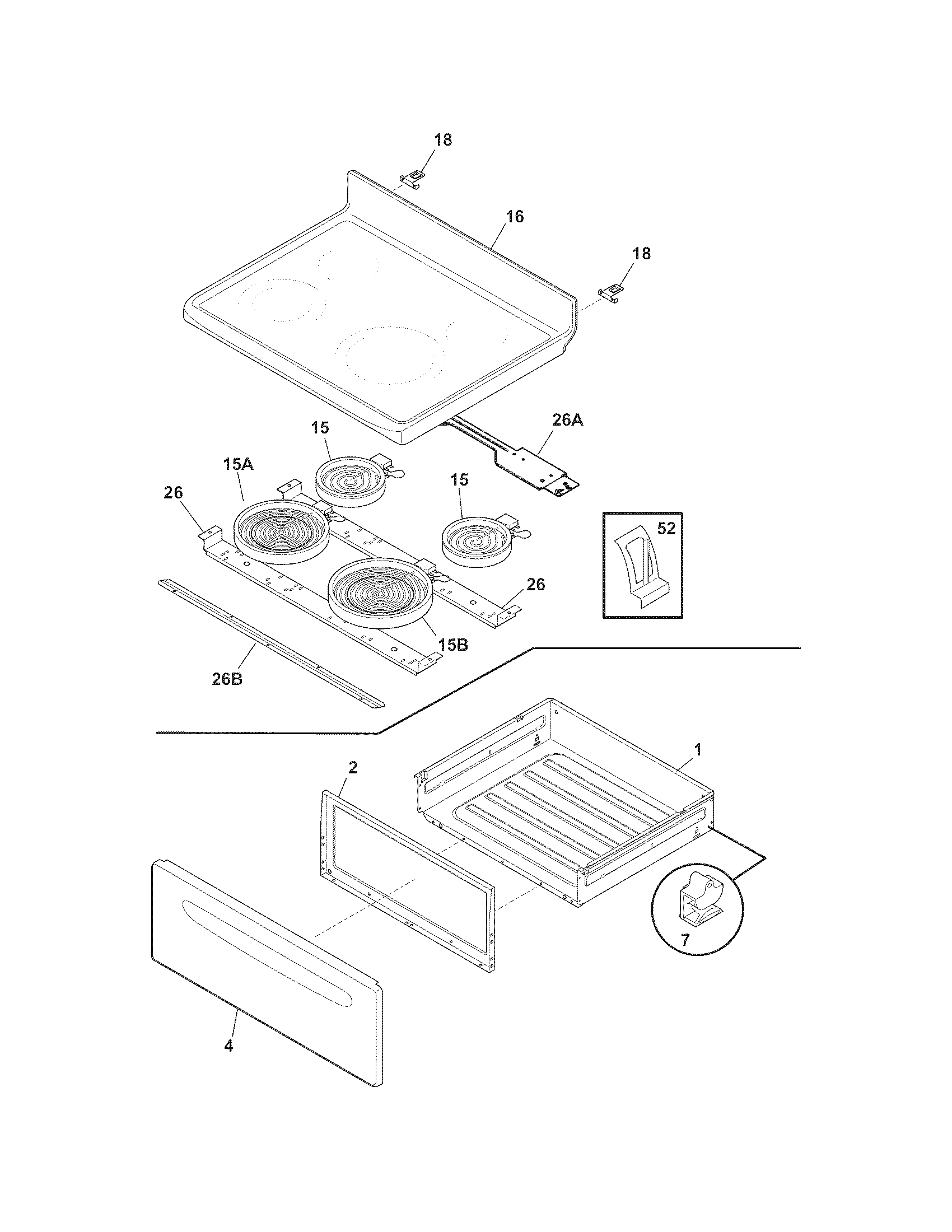 Frigidaire CFEF3018LMB top/drawer diagram