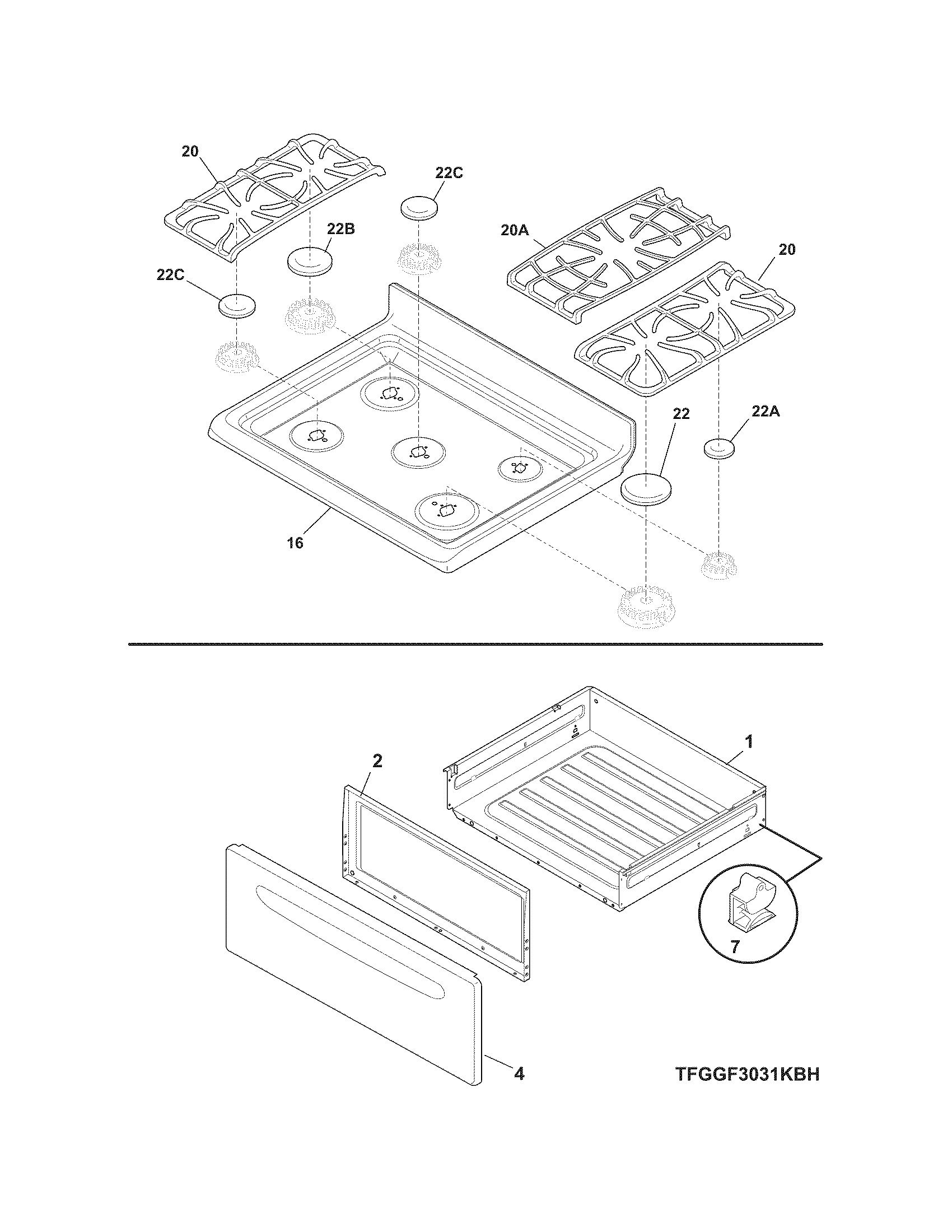 Frigidaire FGGF3032MBD top/drawer diagram