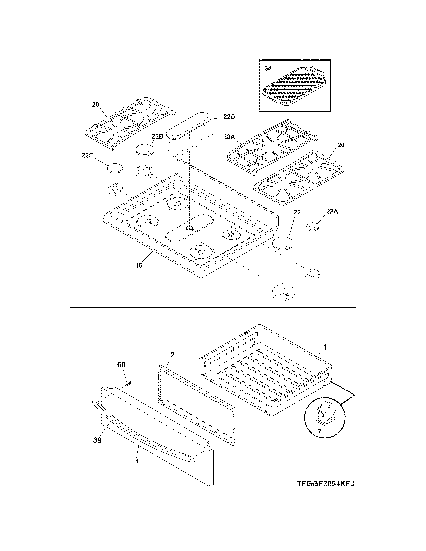 Frigidaire FGGF3054MBE top/drawer diagram