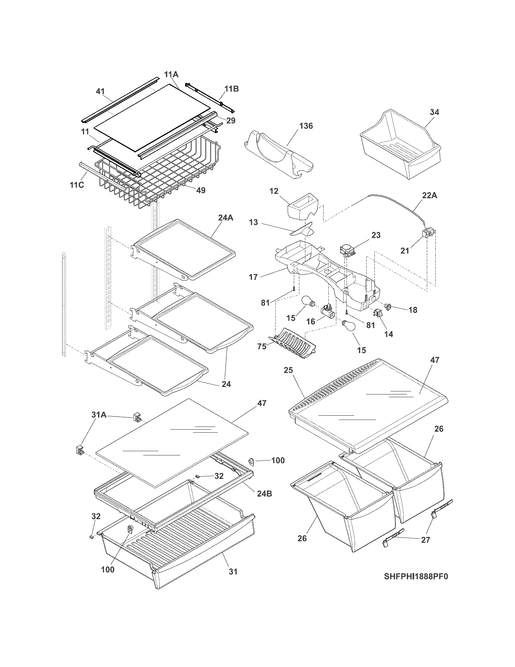 Frigidaire FPHI1888PF1 shelves diagram