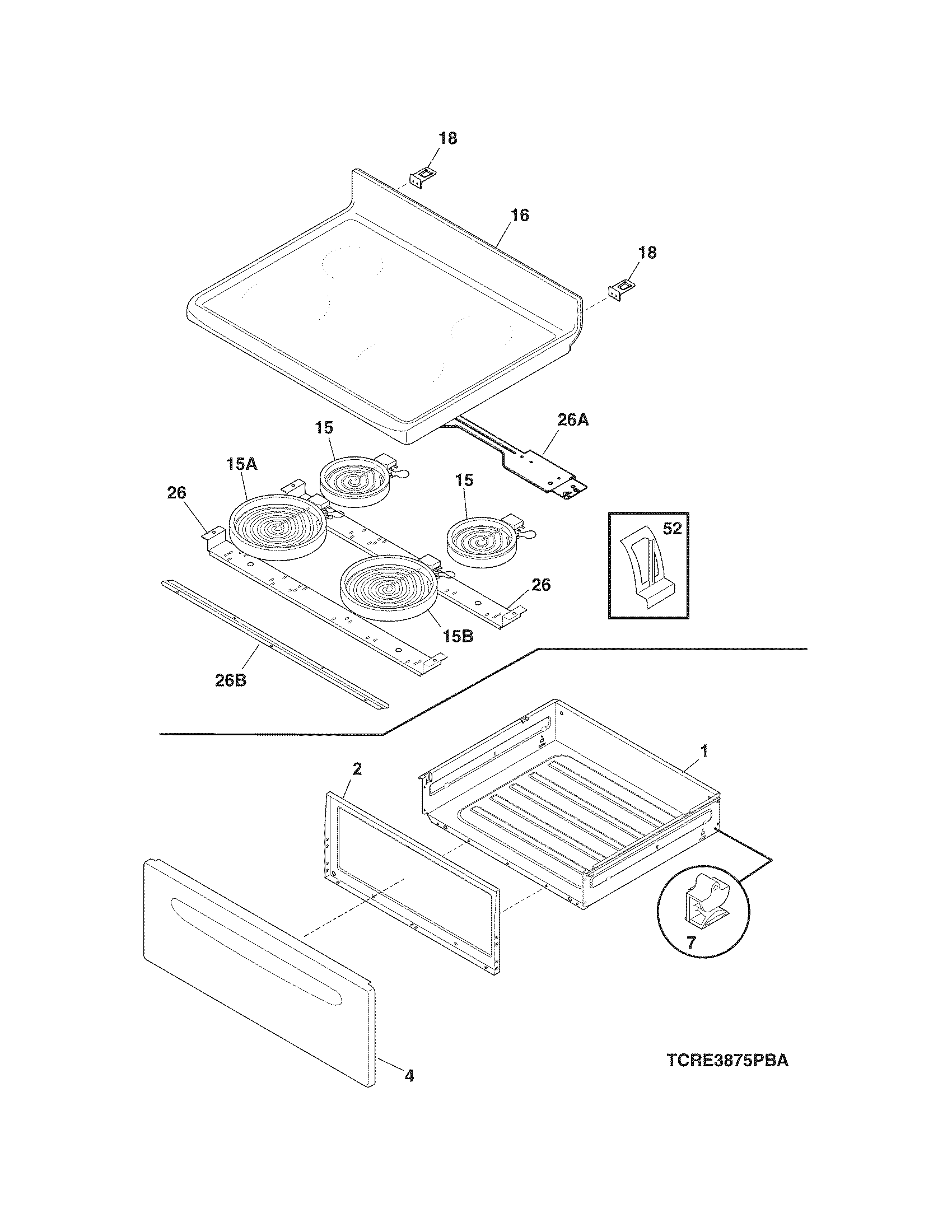 Crosley CRE3875PBA top/drawer diagram
