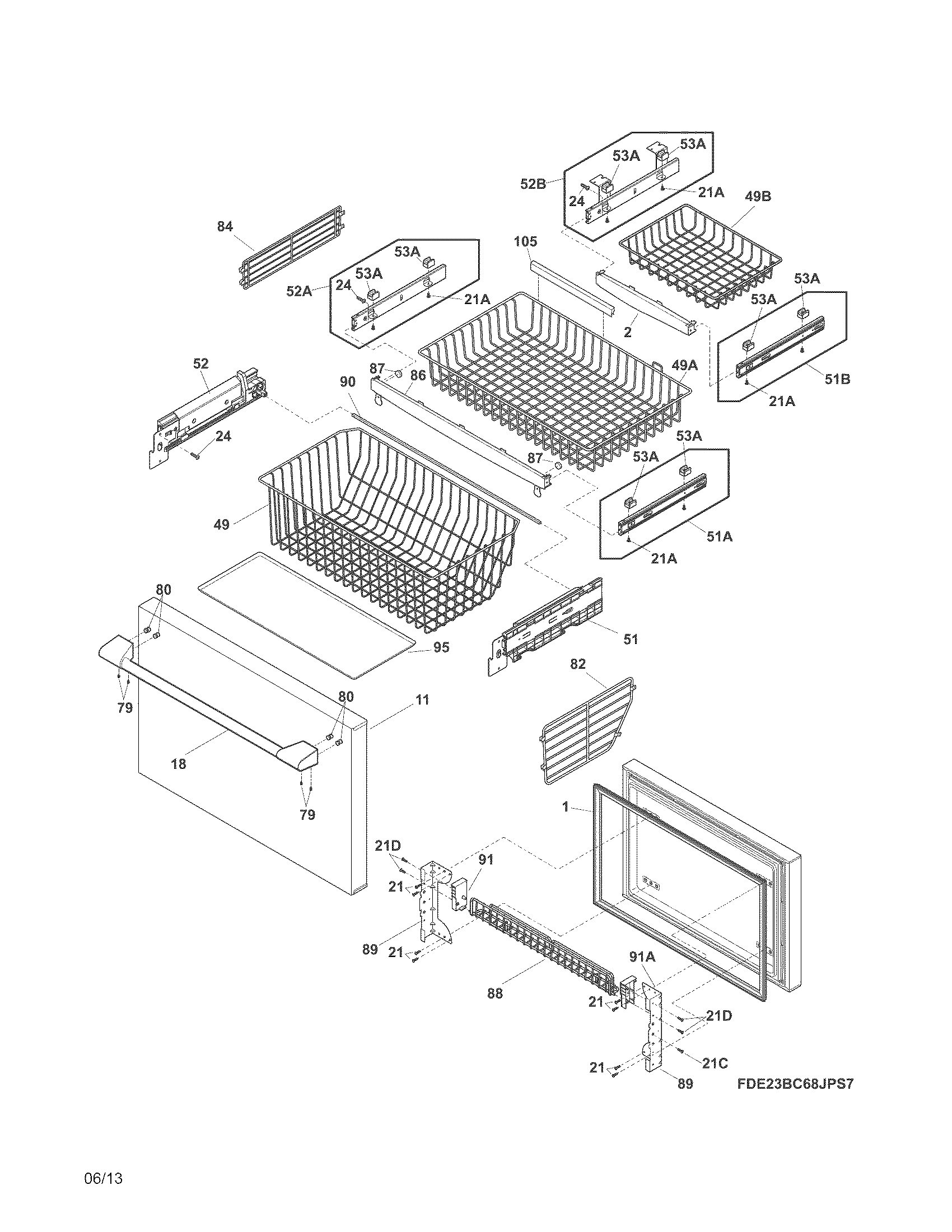 Electrolux E23BC68JPS9 freezer drawer, baskets diagram