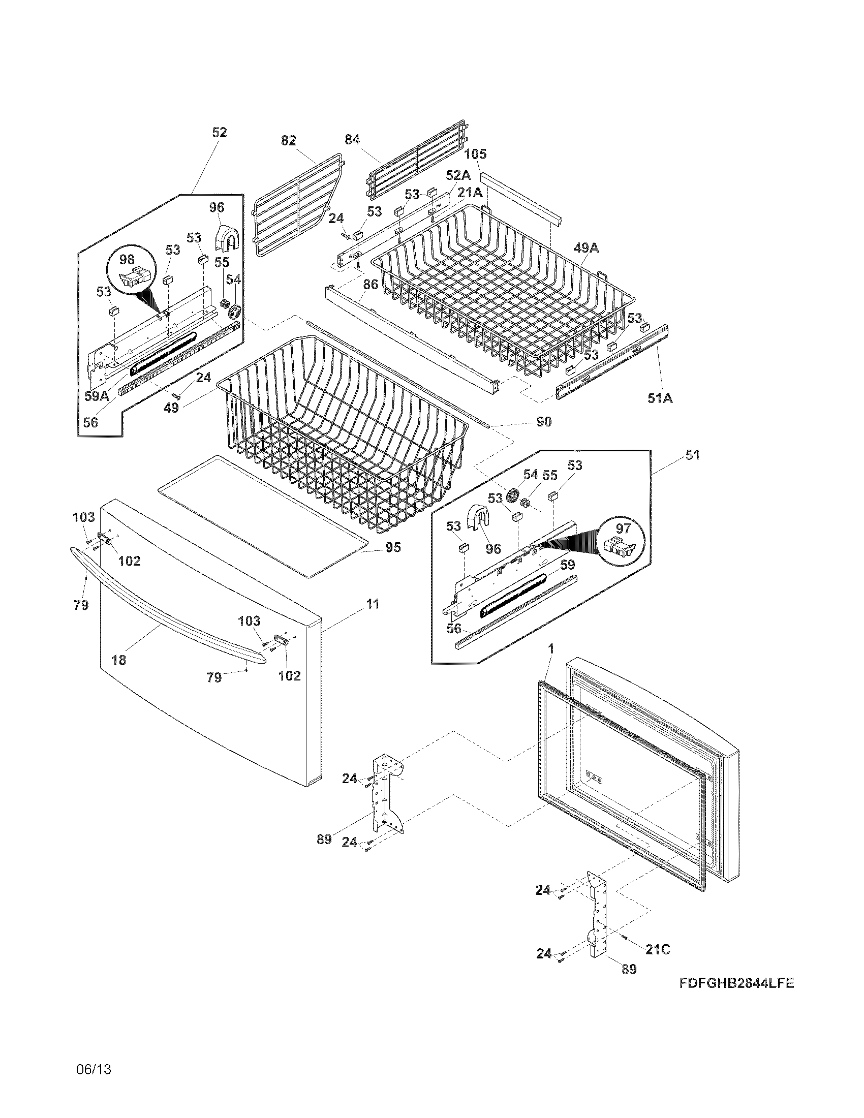 Frigidaire FGHB2844LFE freezer drawer, baskets diagram