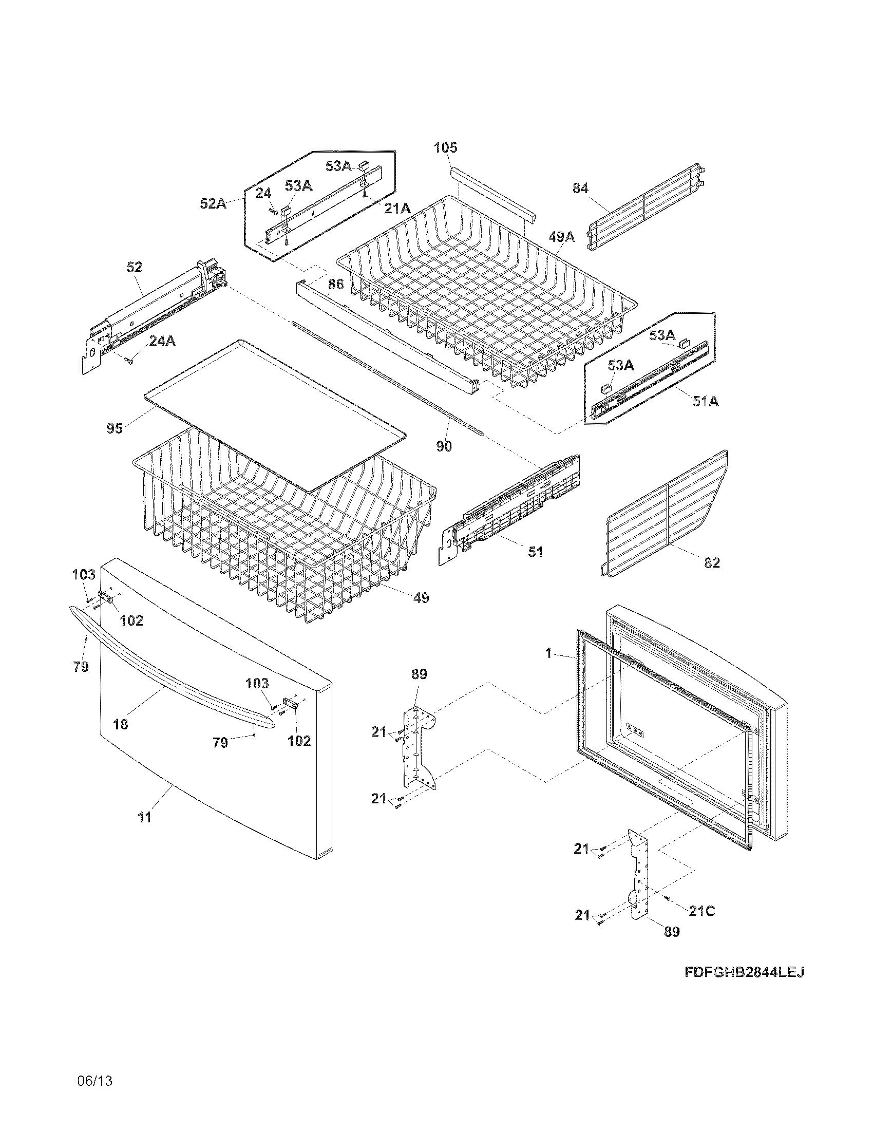 Frigidaire FGHB2844LFG freezer drawer, baskets diagram