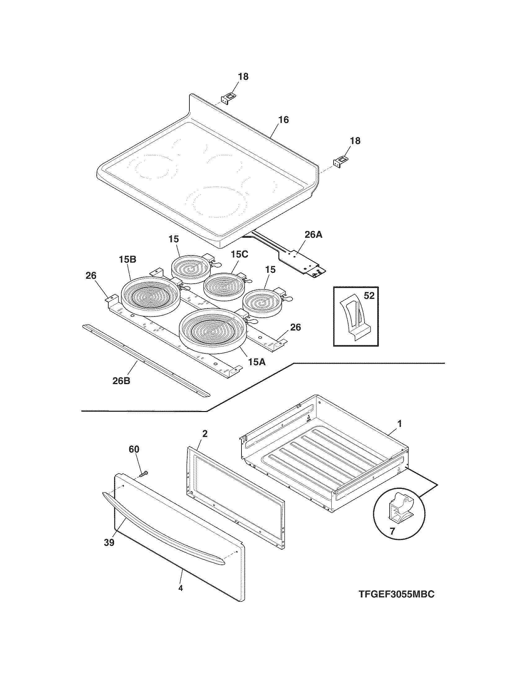 Frigidaire FGEF3055MWD top/drawer diagram