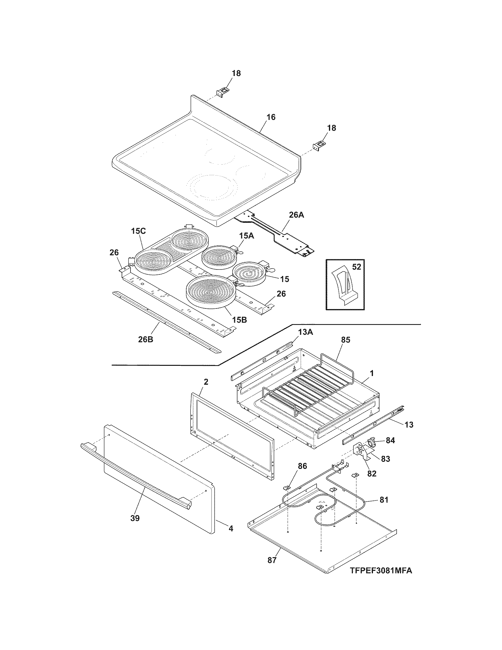 Frigidaire FPEF3081MFD top/drawer diagram