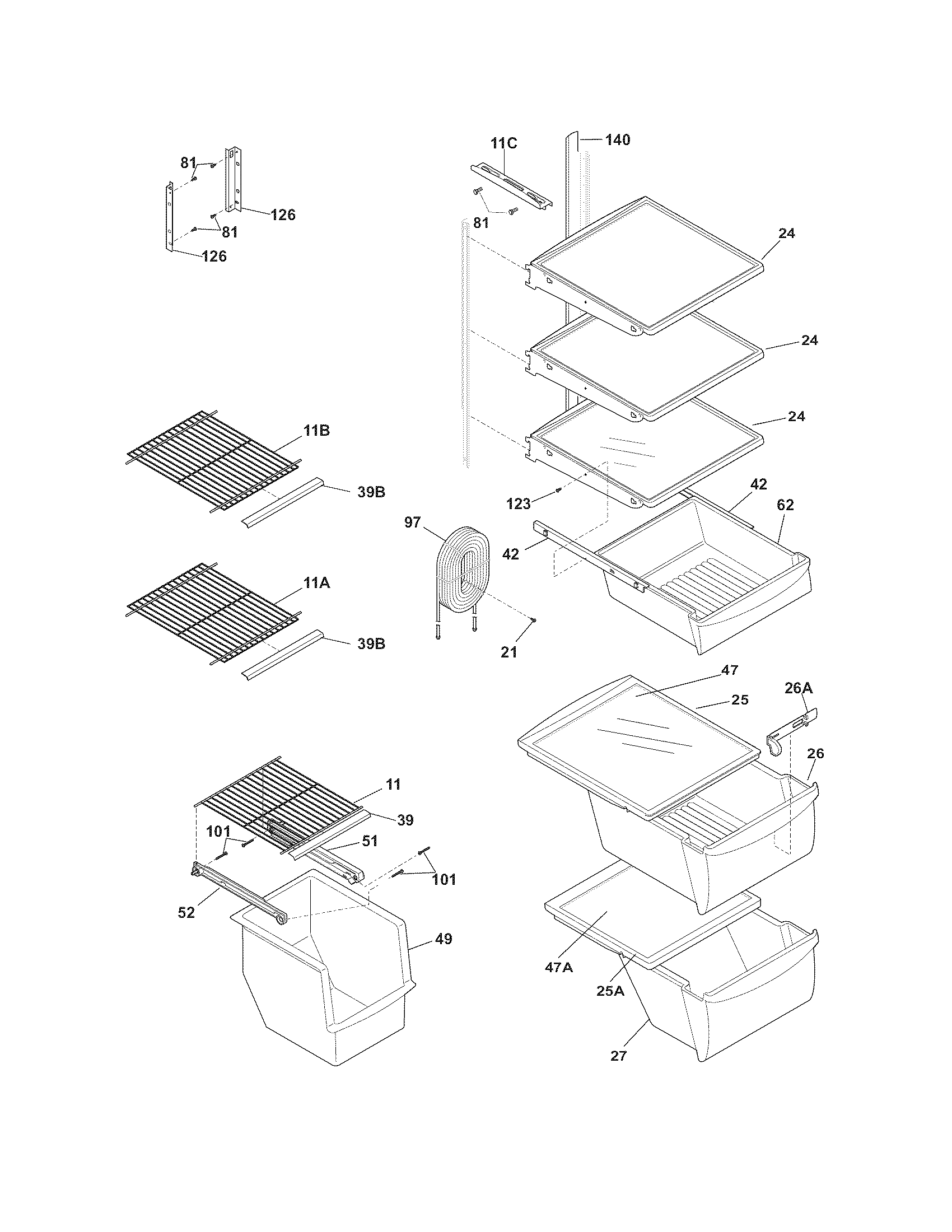 Frigidaire FRS26KF6EBG shelves diagram