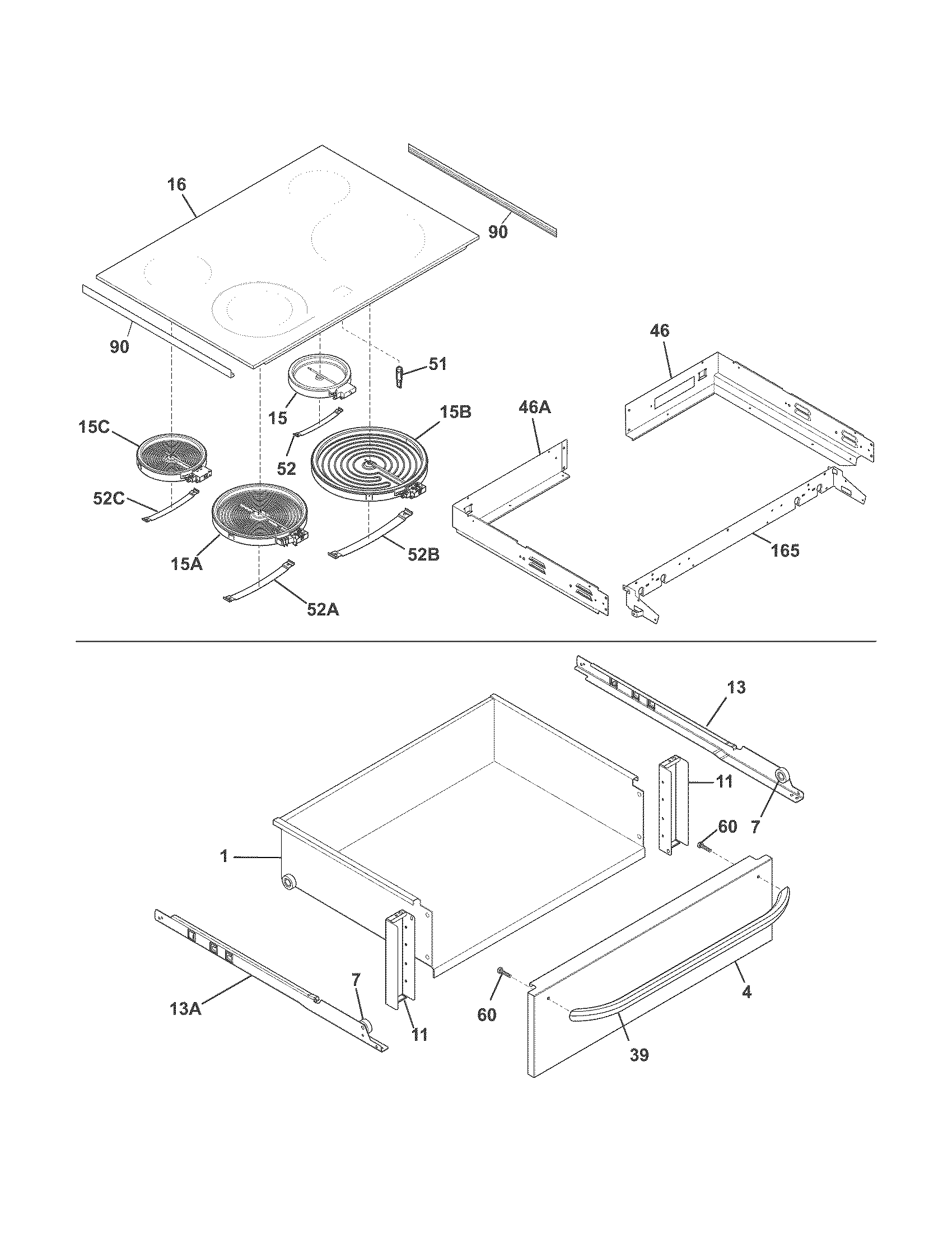 Frigidaire FFES3025PSA top/drawer diagram