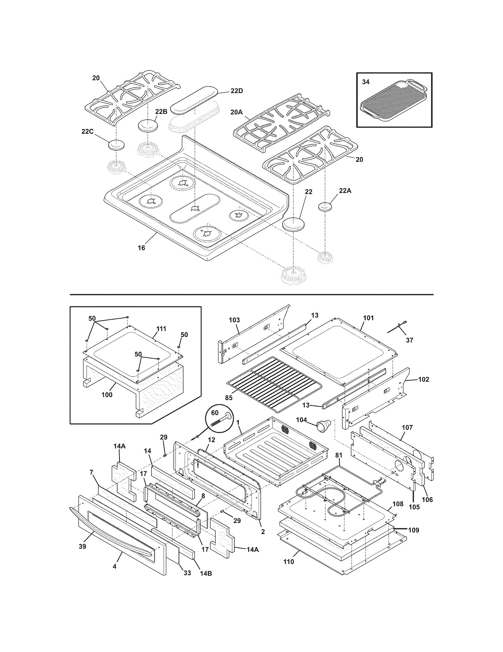 Frigidaire FGGF305MKFP top/drawer diagram