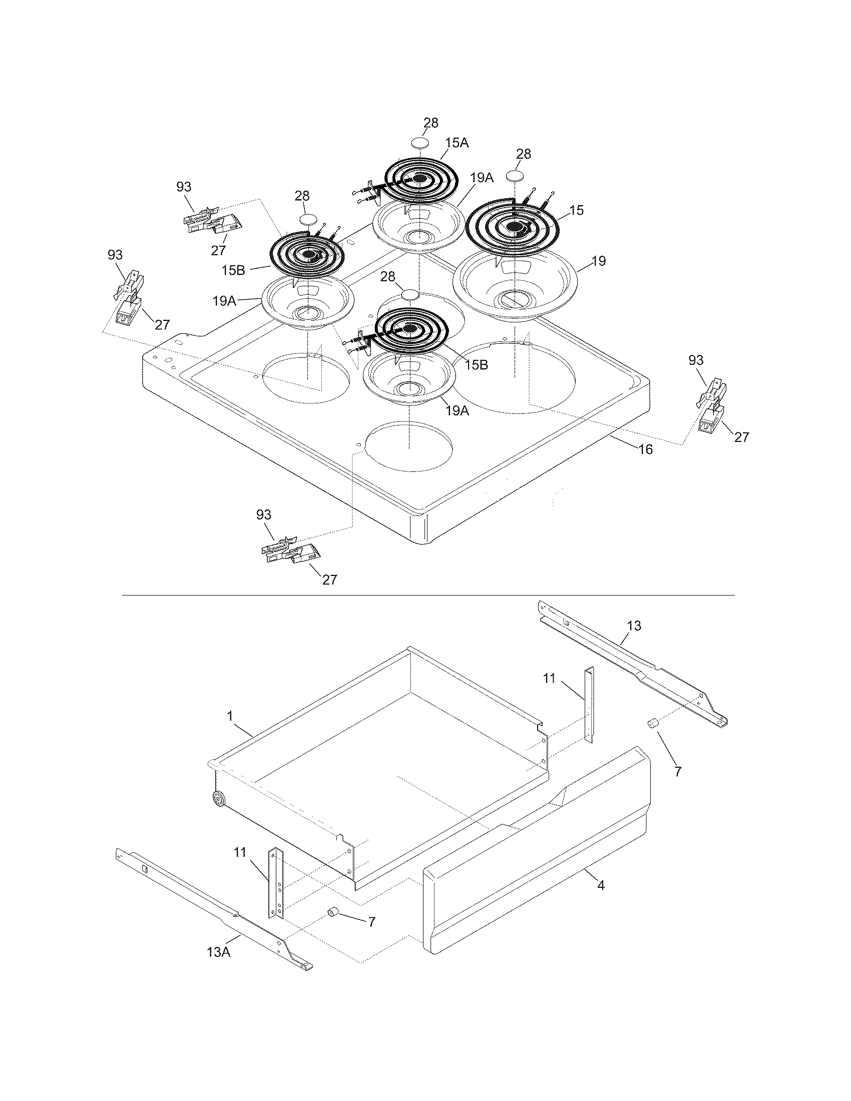 Frigidaire CFEF2405LWD top/drawer diagram
