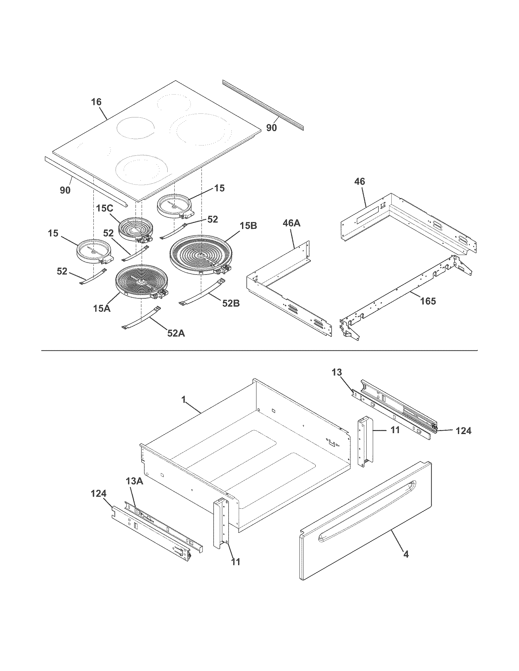 Frigidaire FGES3065PWC top/drawer diagram