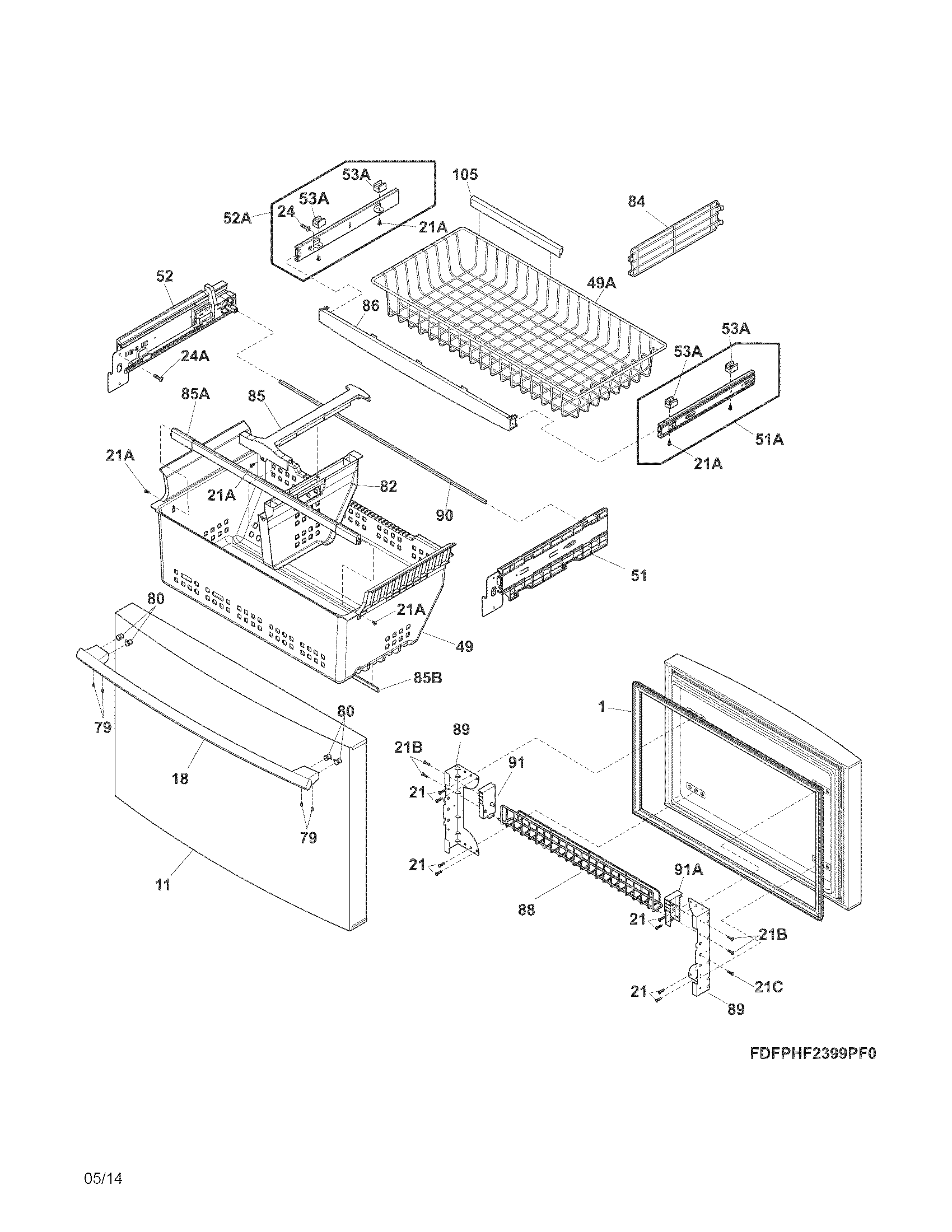 Frigidaire FPHF2399PF4 freezer drawer, baskets diagram