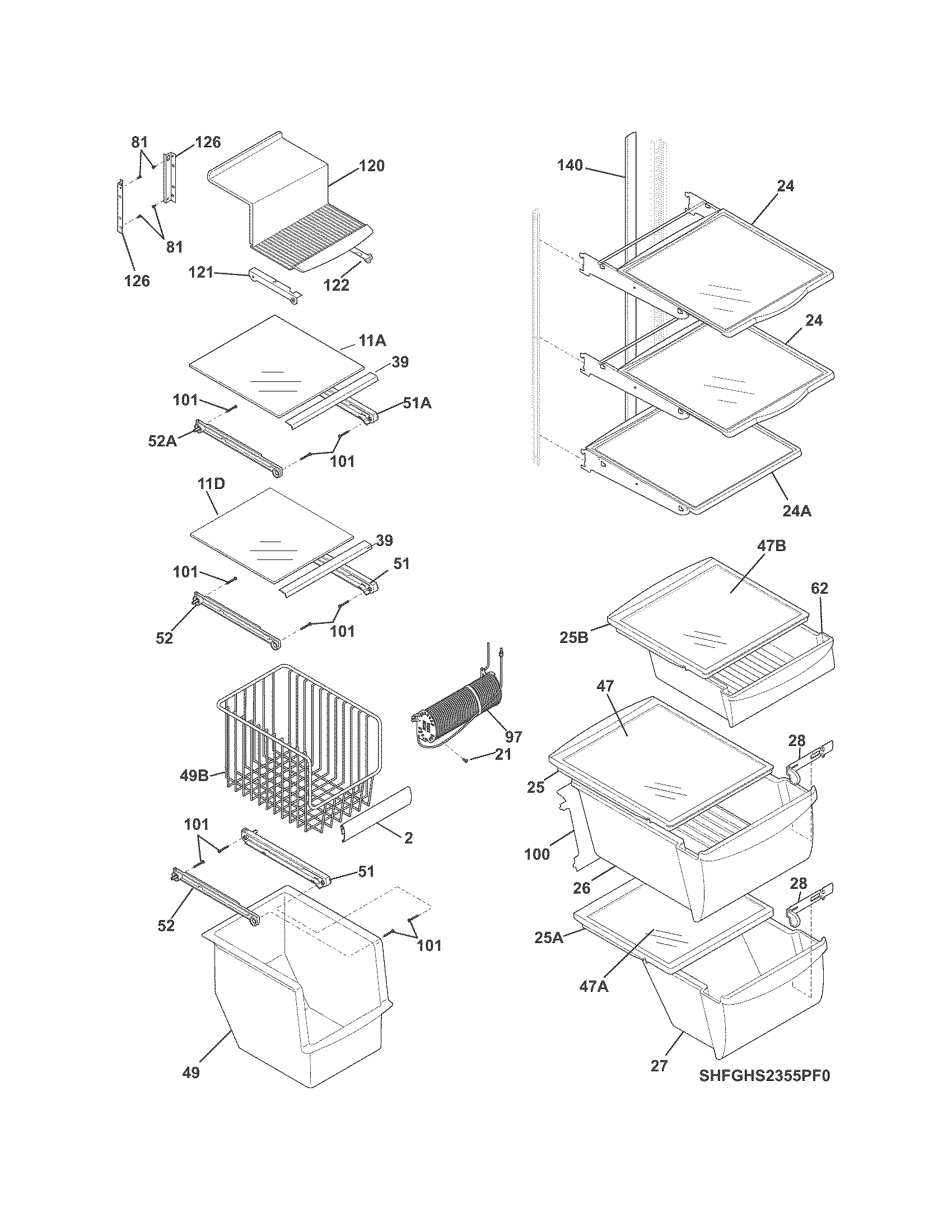 Frigidaire FGHS2355PF0 shelves diagram