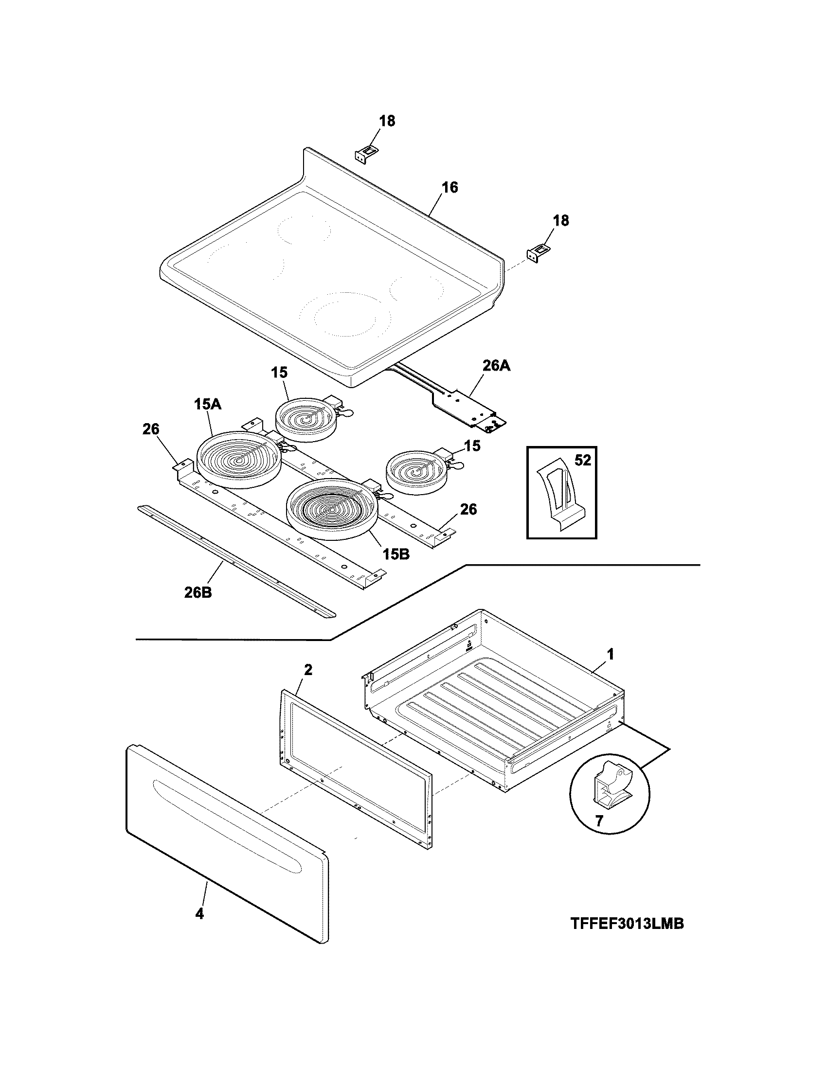 Crosley CRE3580QWA top/drawer diagram
