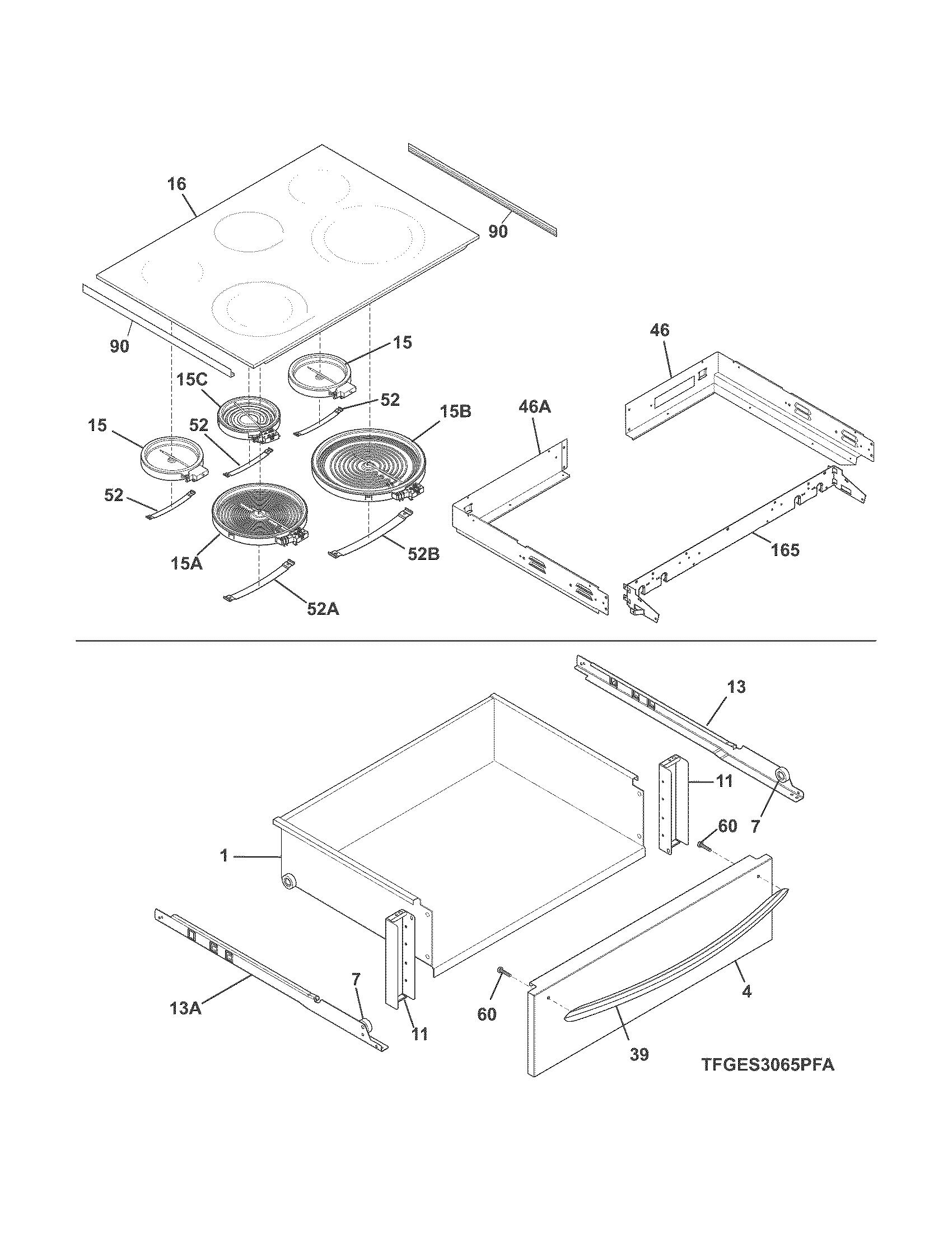 Frigidaire FGES3065PFA top/drawer diagram
