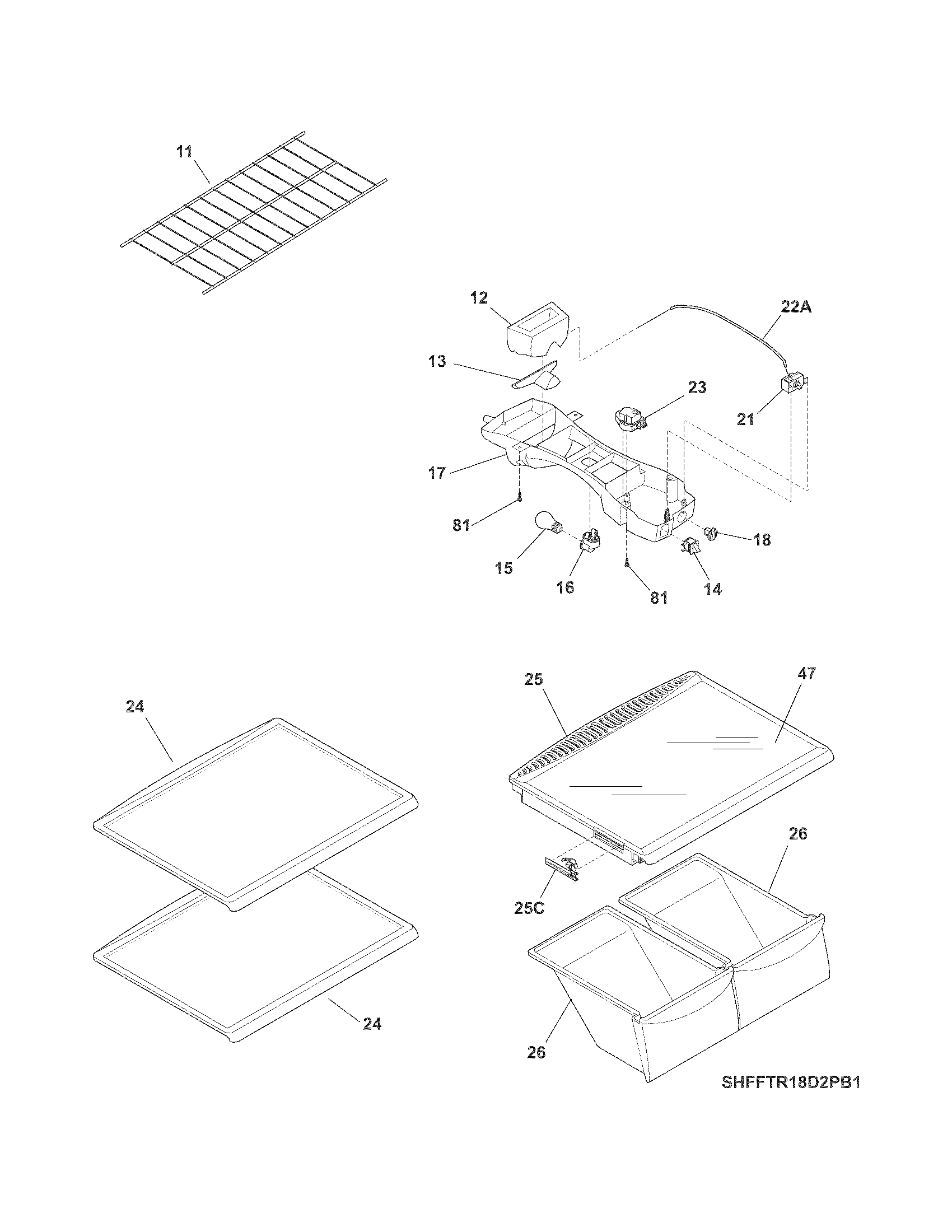 Frigidaire FFTR18D2PB7 shelves diagram