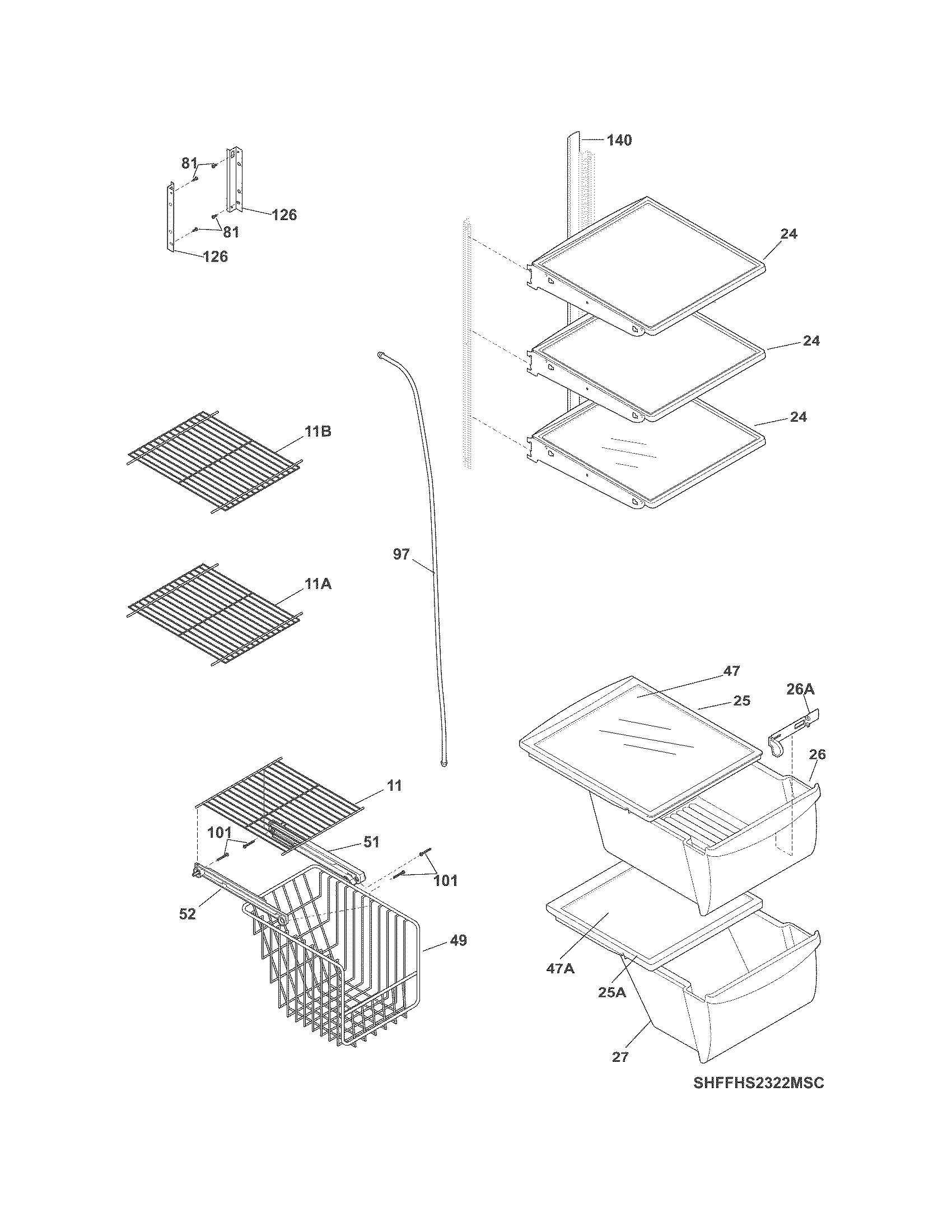 Frigidaire FFHS2322MBE shelves diagram