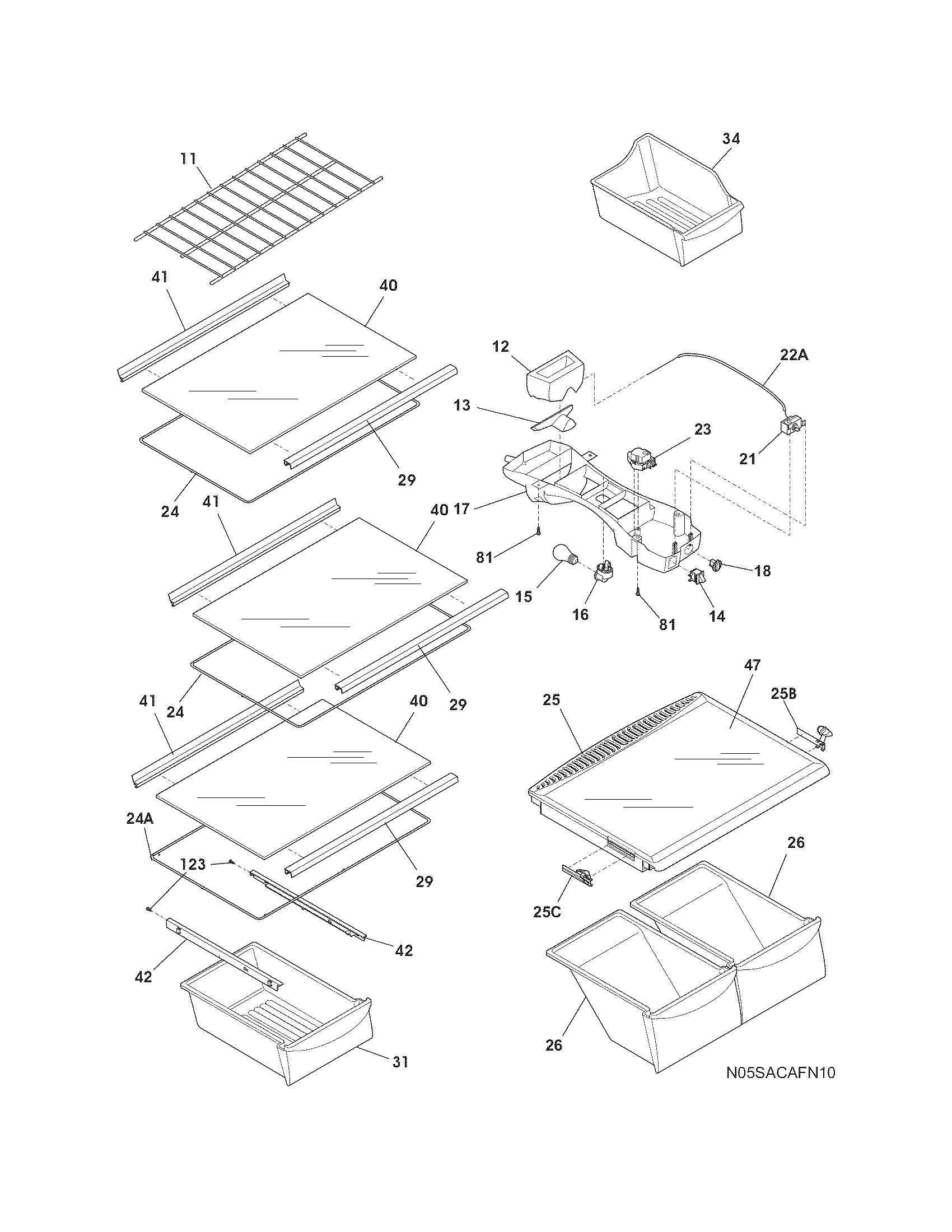 Frigidaire FFHI1817LBB shelves diagram