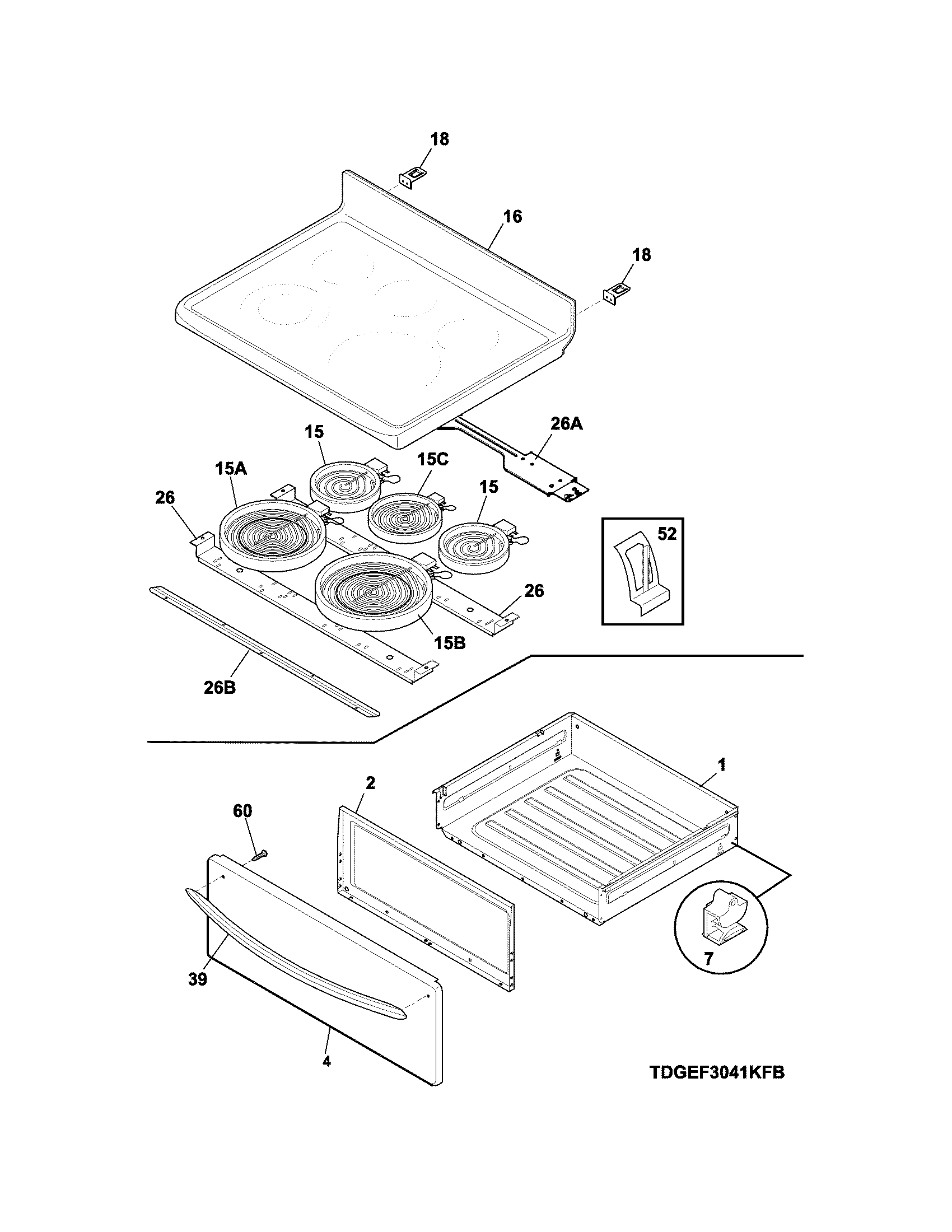 Frigidaire DGEF3041KFN top/drawer diagram