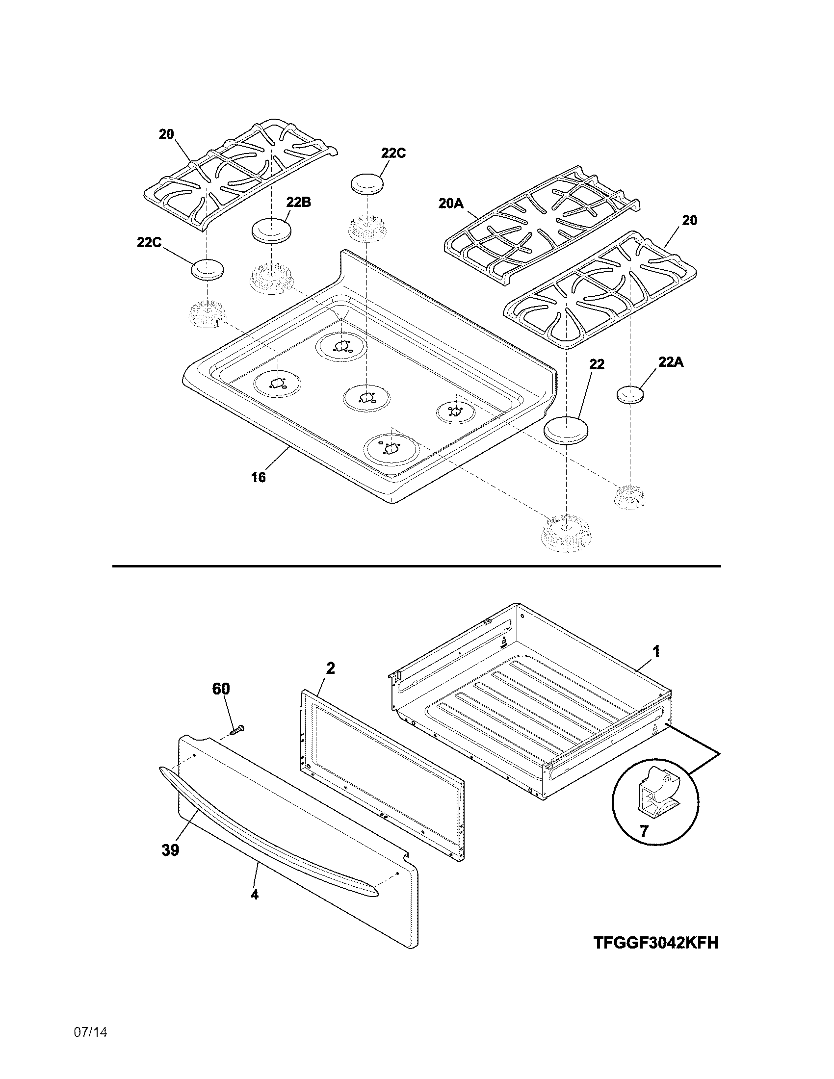 Frigidaire LGGF3042KFP top/drawer diagram