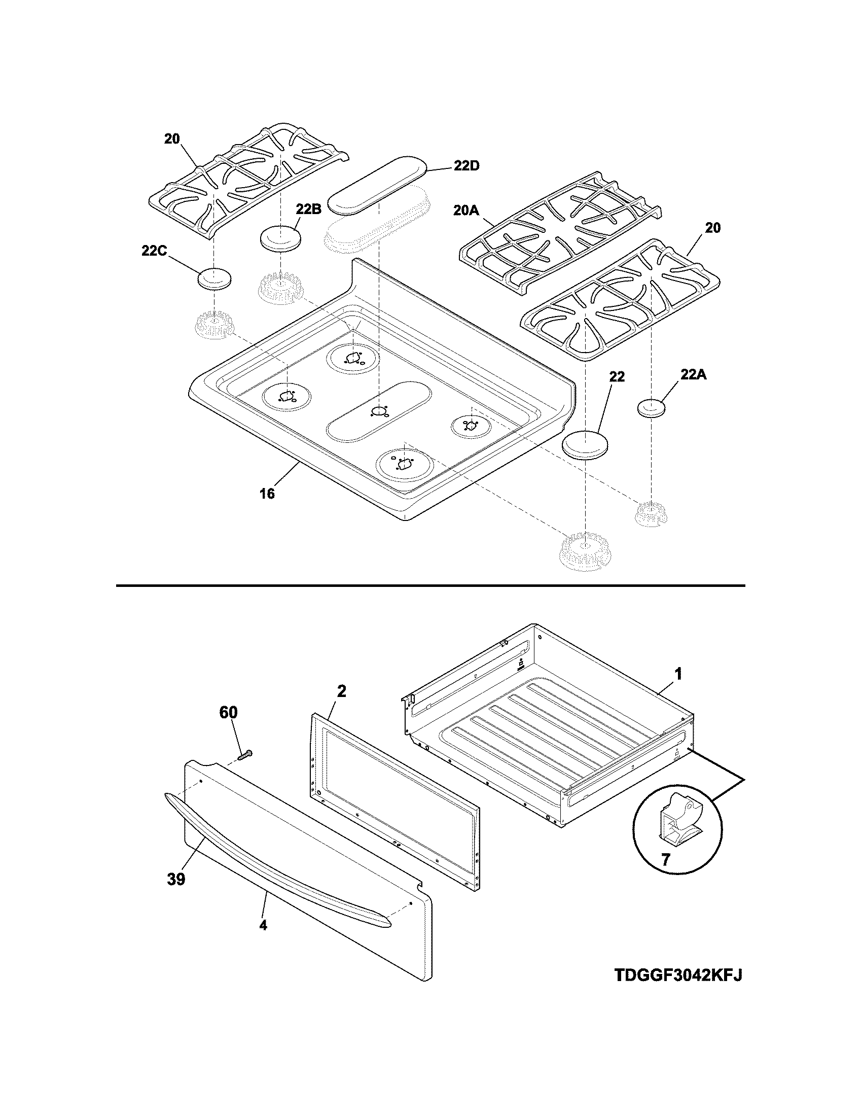 Frigidaire DGGF3042KFP top/drawer diagram