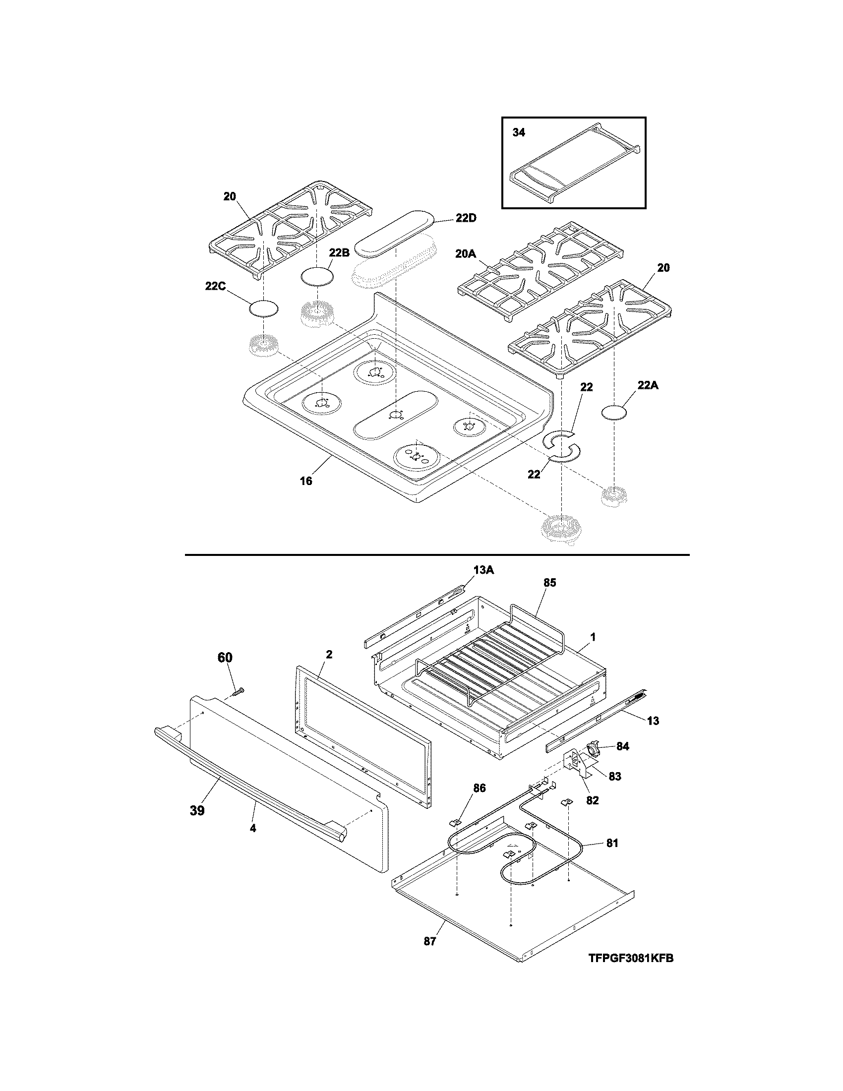 Frigidaire FPGF3081KFR top/drawer diagram