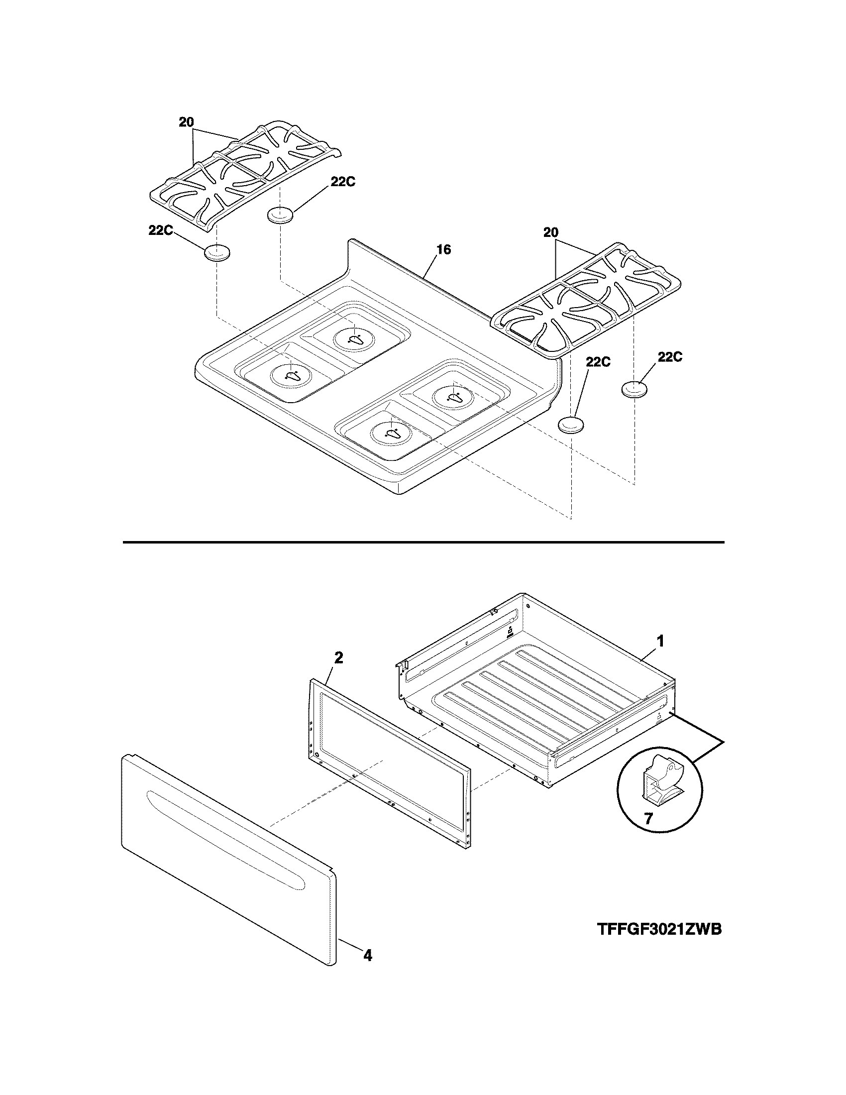 Frigidaire FFGF3021ZWE top/drawer diagram