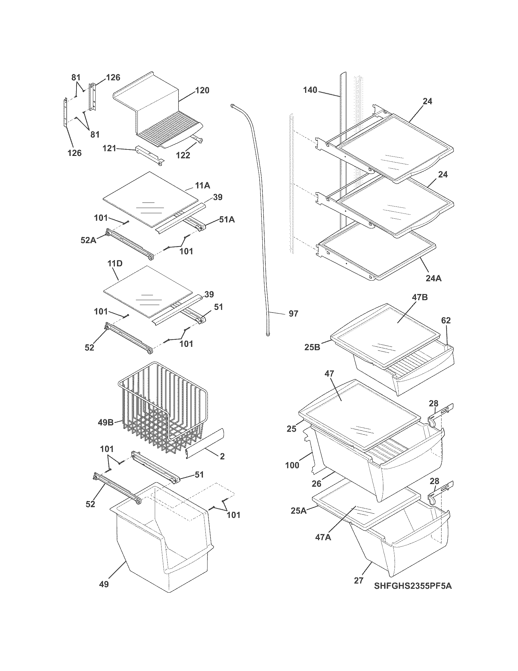 Frigidaire FGHS2355PF5A shelves diagram