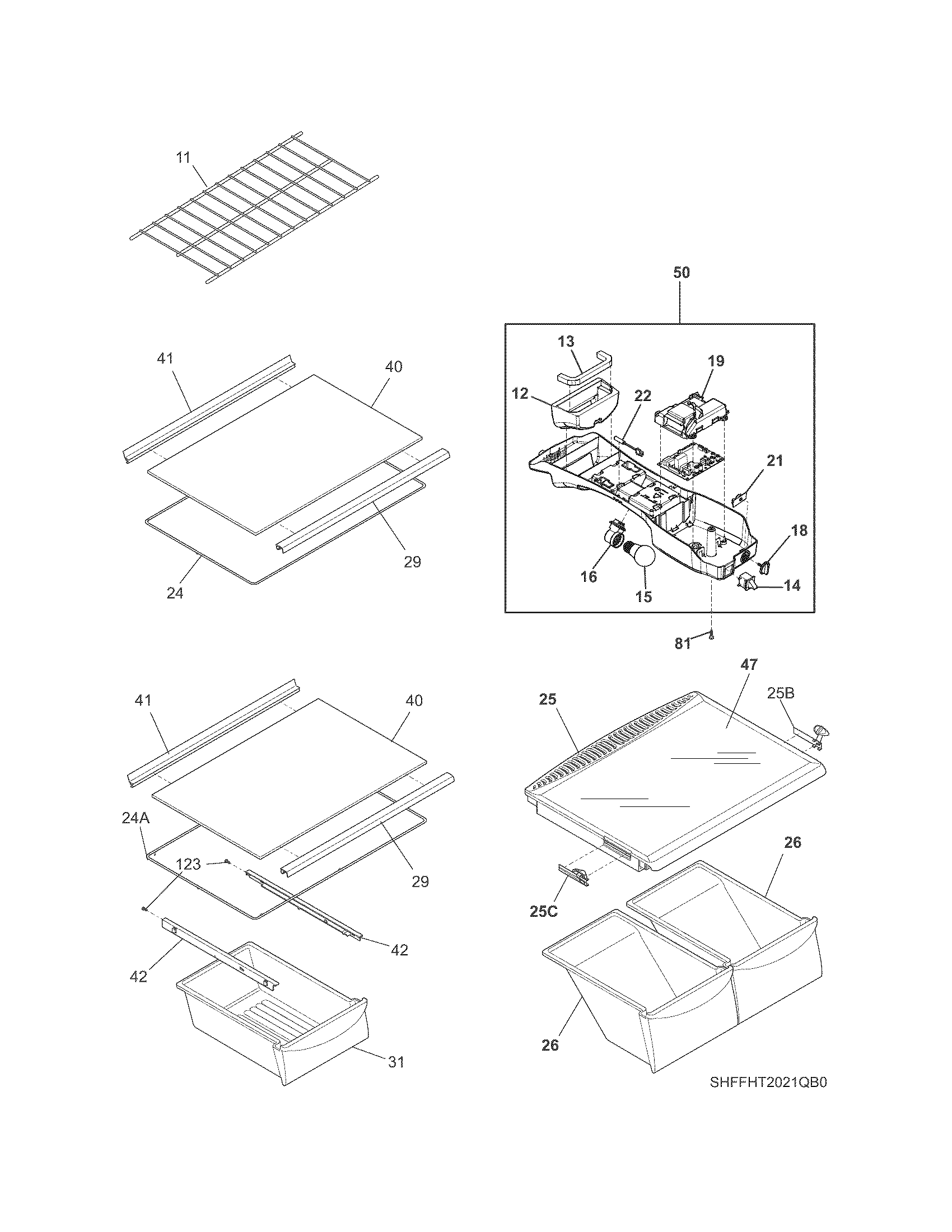 Frigidaire FFHT2021QW0 shelves diagram