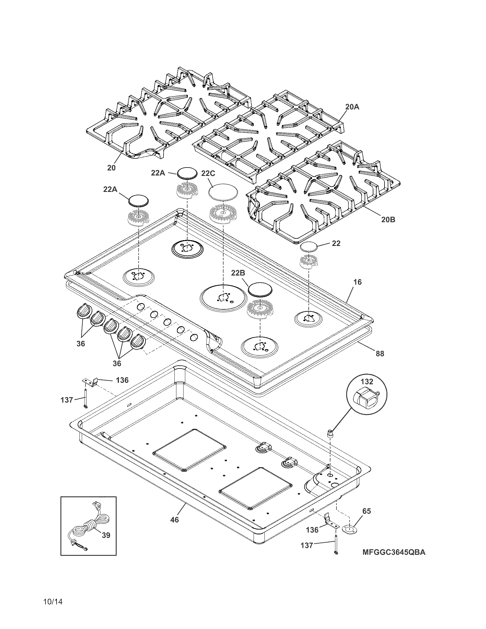 Frigidaire FGGC3645QWA cook top diagram