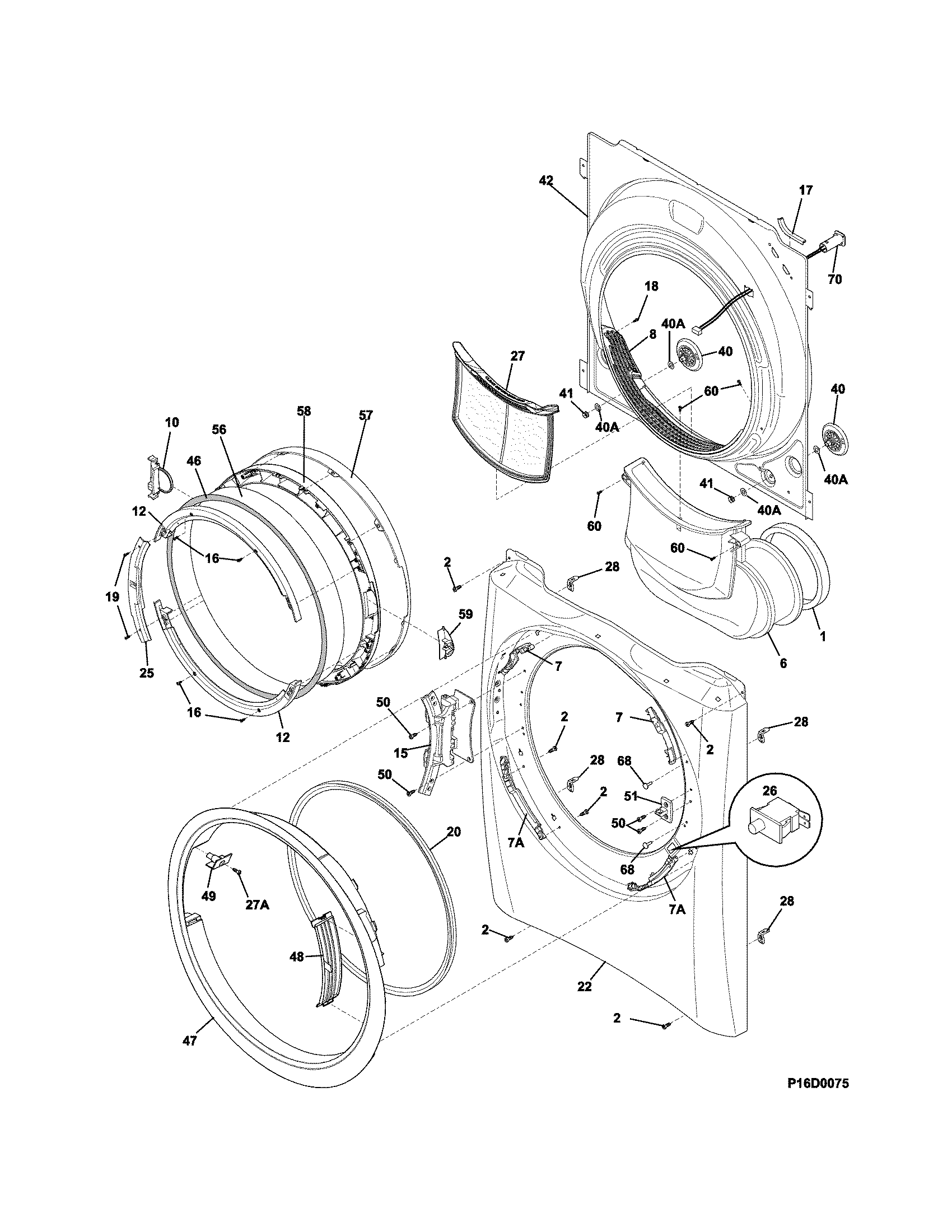 Electrolux EIMED60LT3 front panel/lint filter diagram