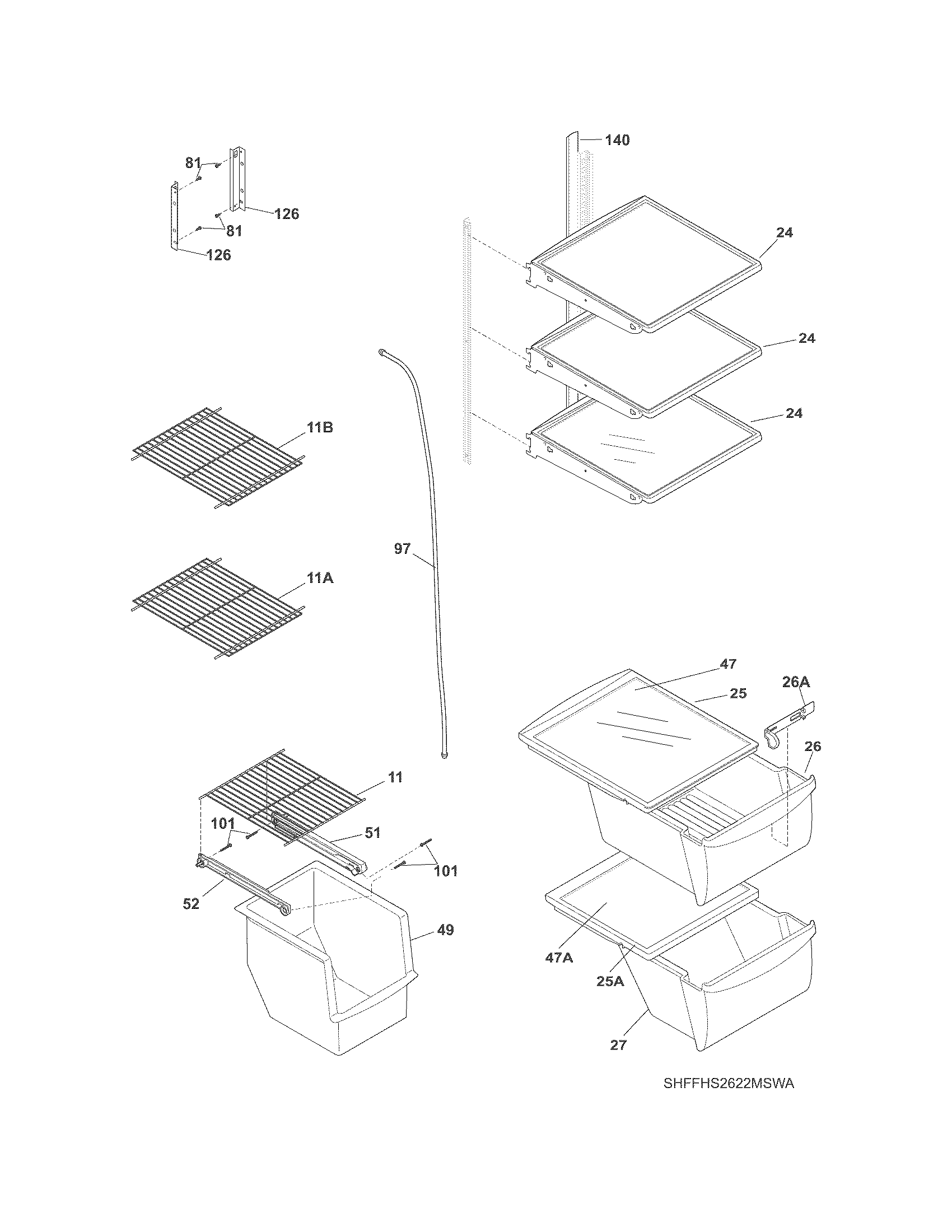 Frigidaire FFHS2622MSWA shelves diagram
