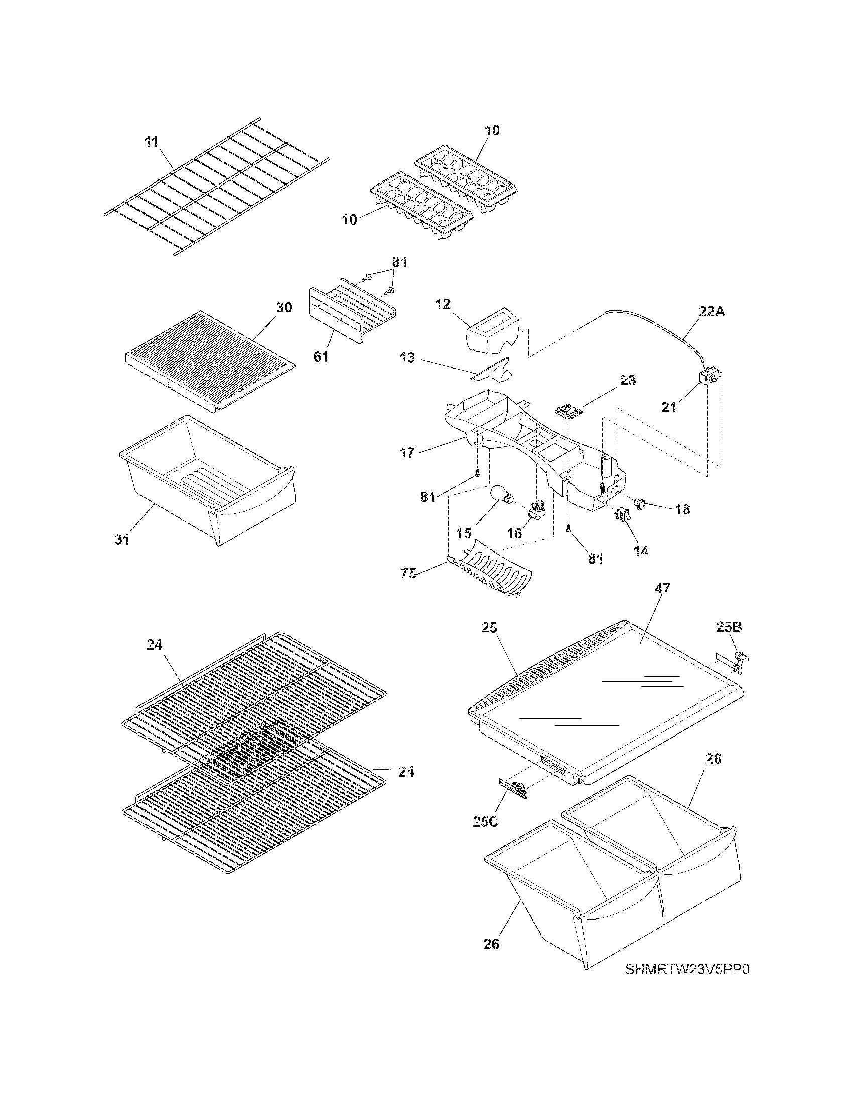 Universal/Multiflex (Frigidaire) MRTW23V5PP1 shelves diagram