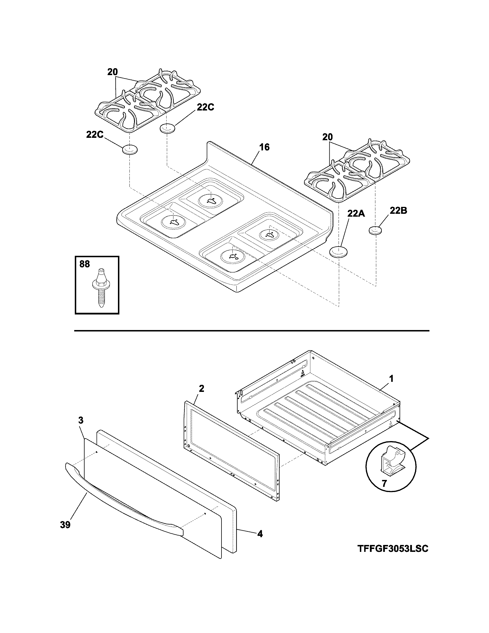 Frigidaire LFGF3053QFB top/drawer diagram