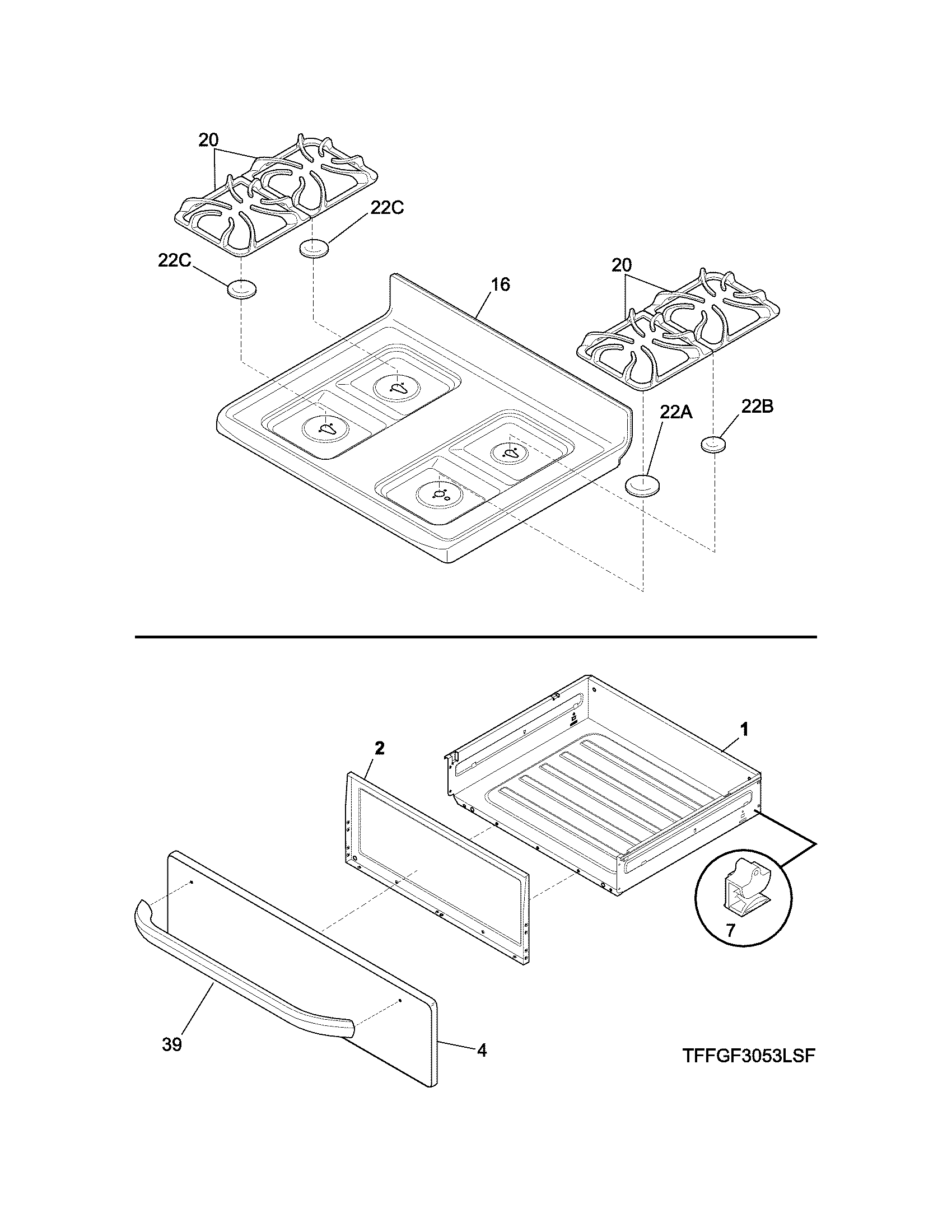 Frigidaire FFGF3053LSK top/drawer diagram