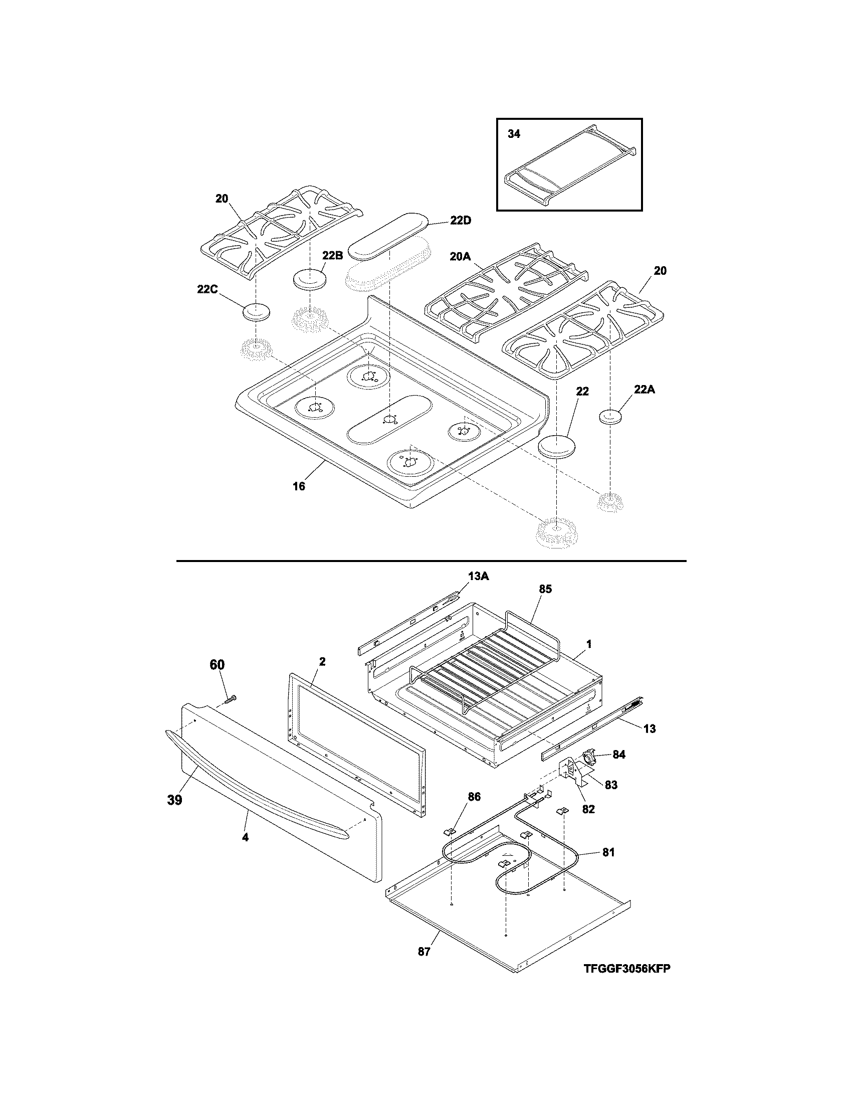 Frigidaire DGGF3054KFT top/drawer diagram