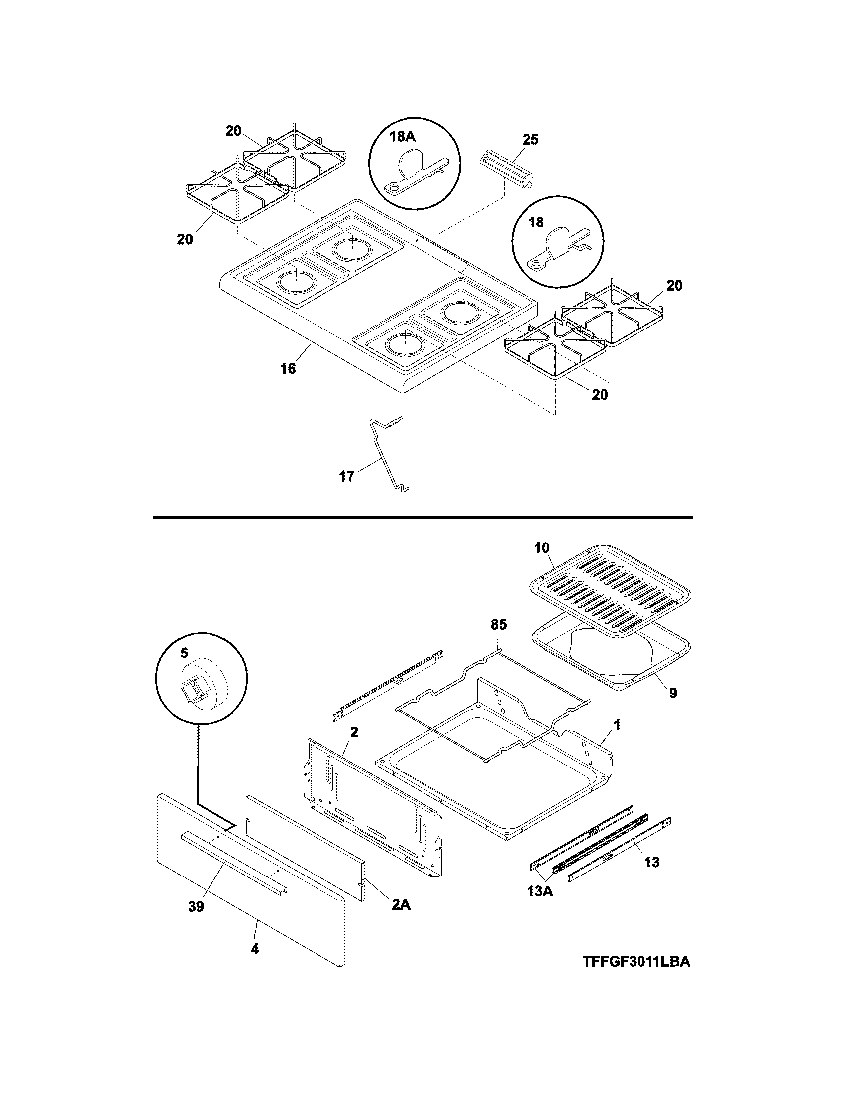 Frigidaire FFGF3011LWD top/drawer diagram